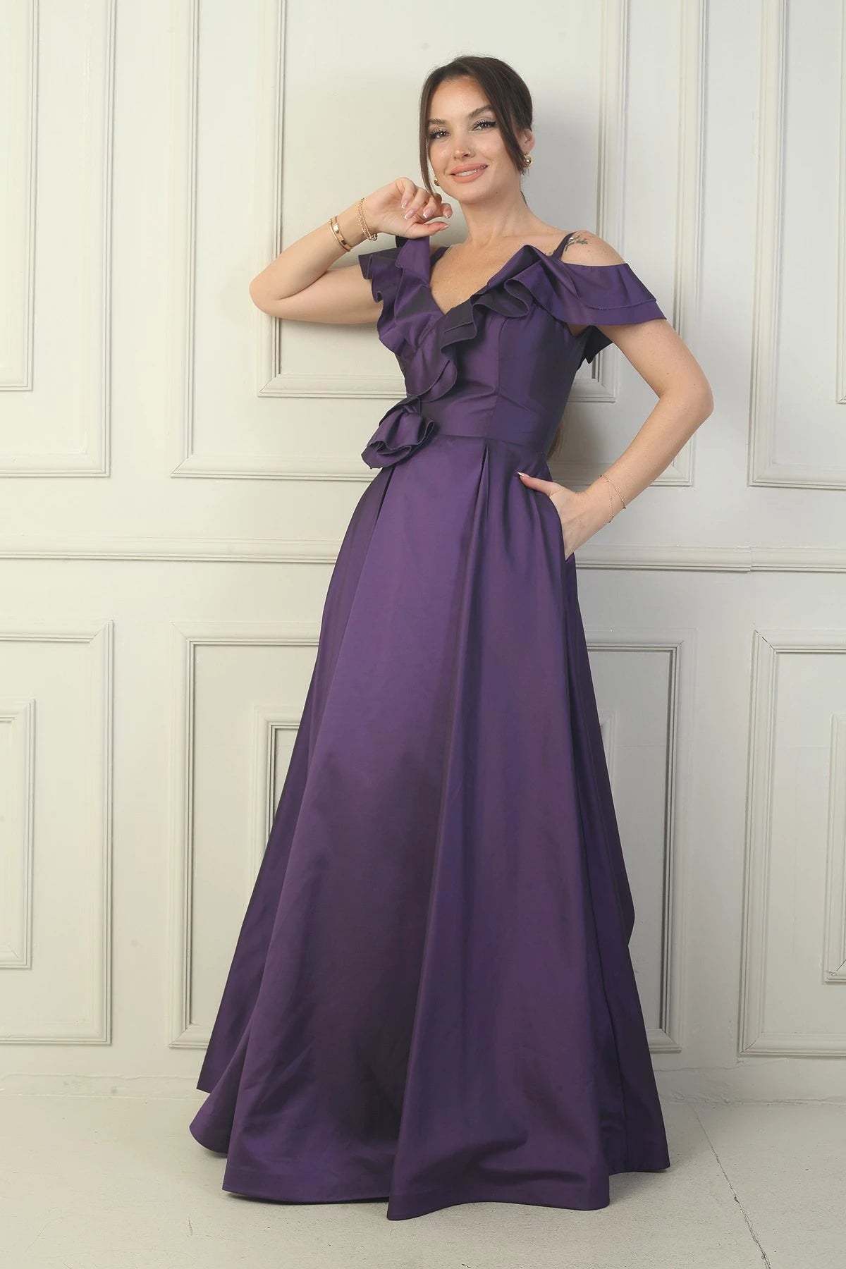 Image of Women's Strappy Boat Neck Long Taffeta Evening Dress with Rose Detail, Lined, and Pockets