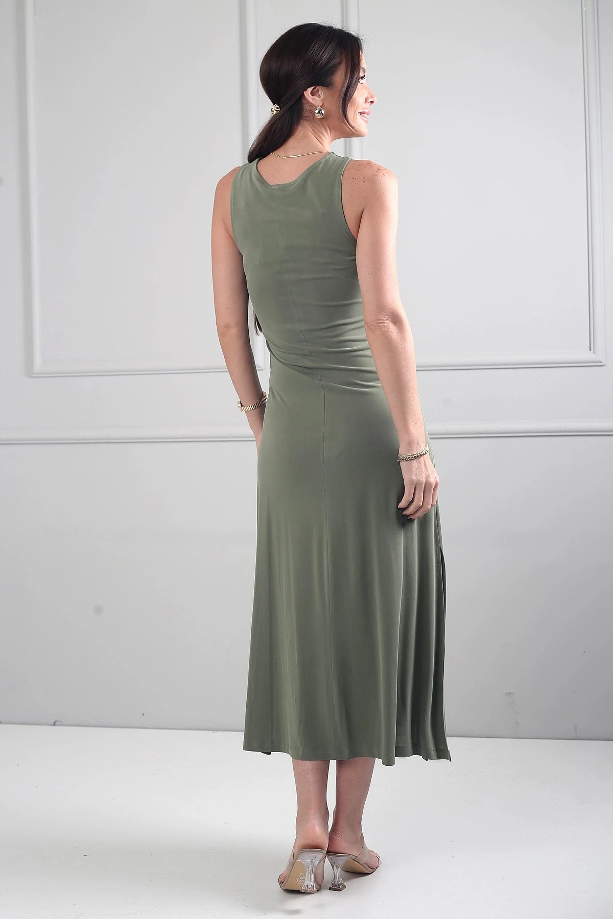 Image of Women's Round Neck Long Dress with Side Slits and Lycra Fabric