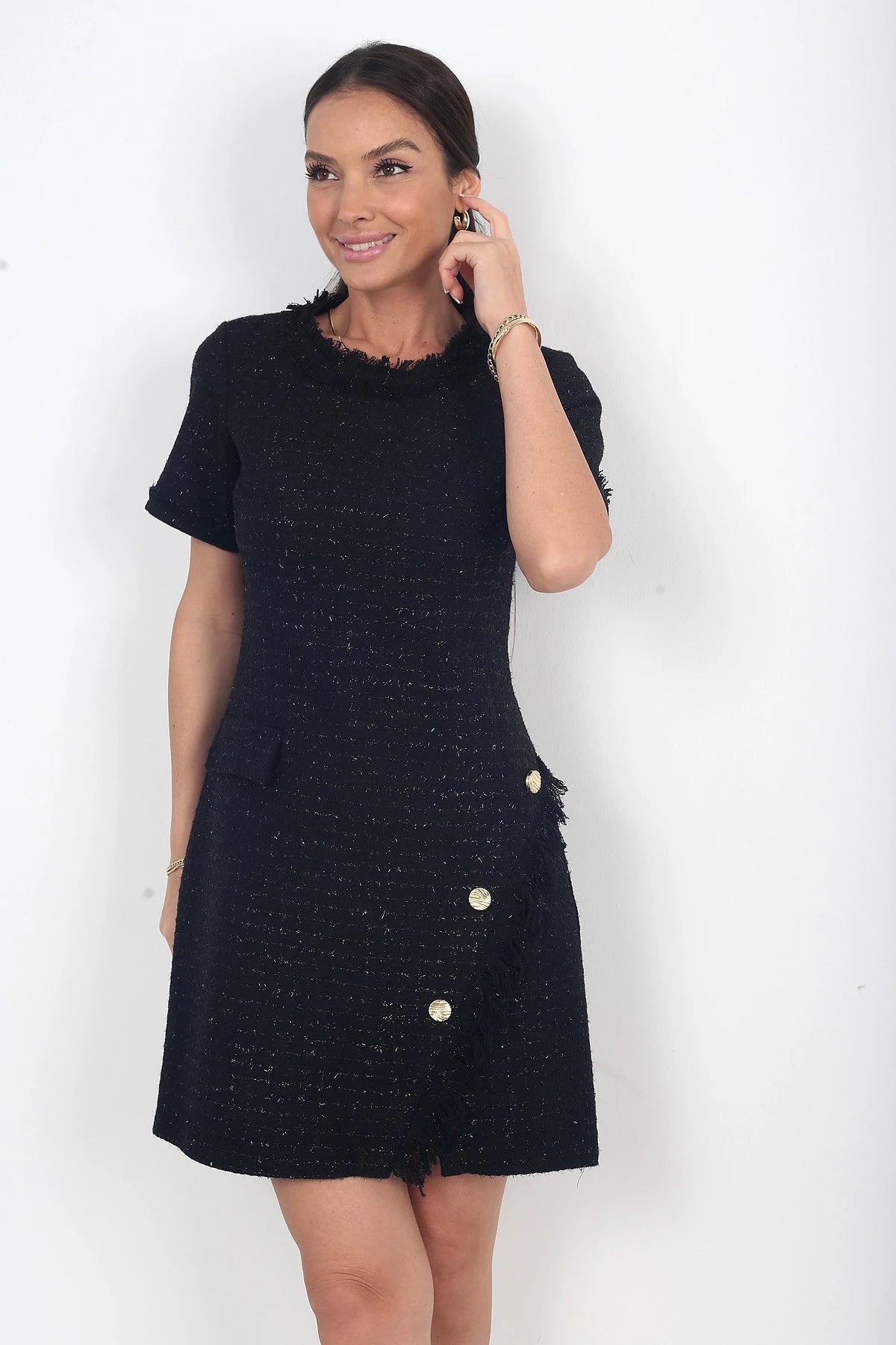 Image of Women's Button Detail Short Sleeve Tassel Chanel Short Dress