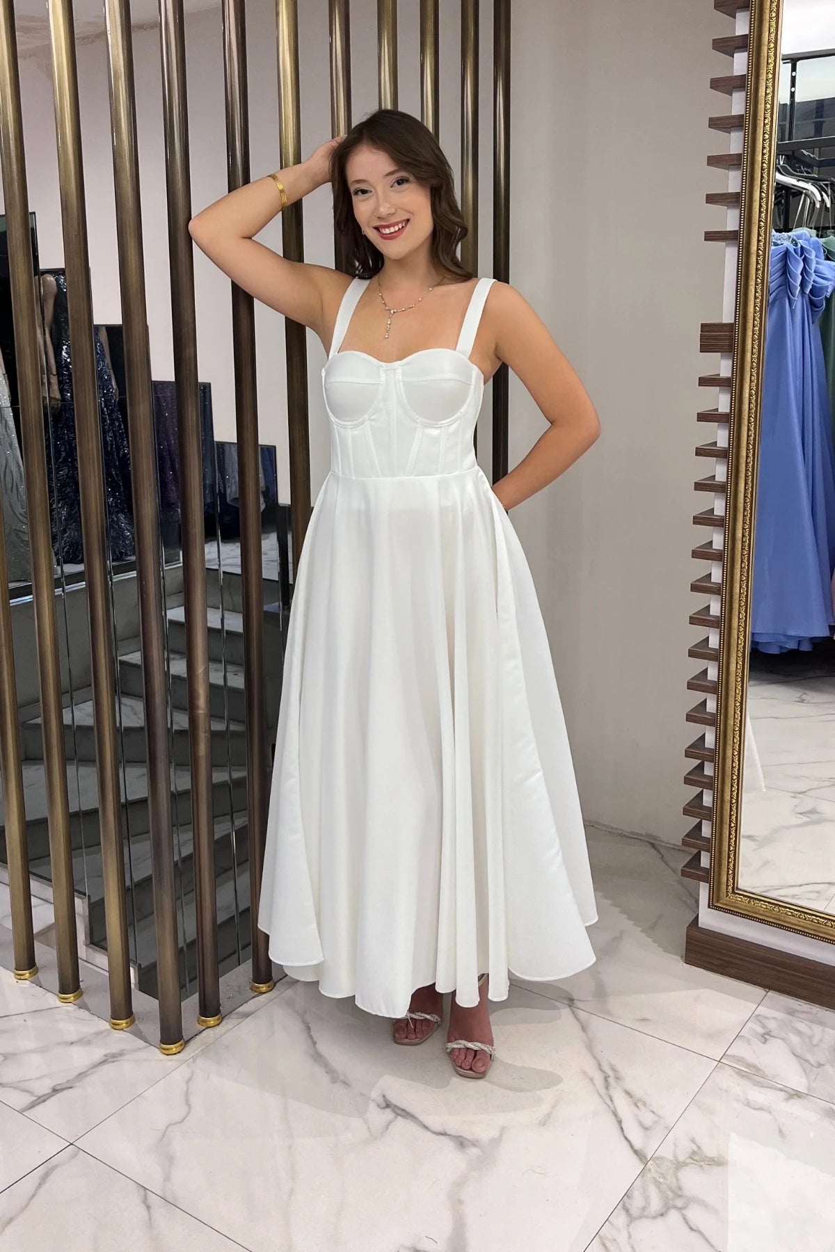 Image of Women's Strappy Back Lace-up Corset Satin Flared Midi Dress