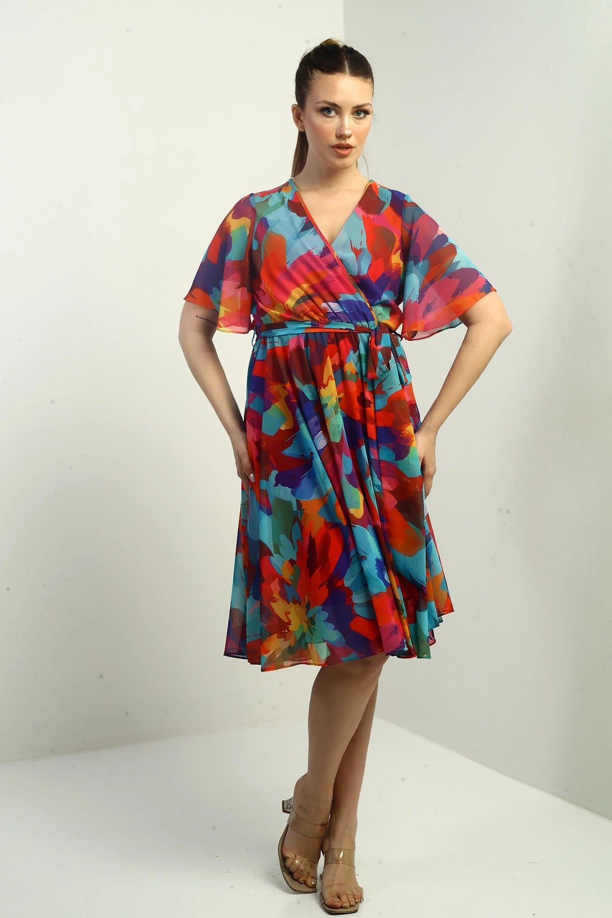 Image of Women's Wrap Neckline Lined Chiffon Rainbow Dress with Belt