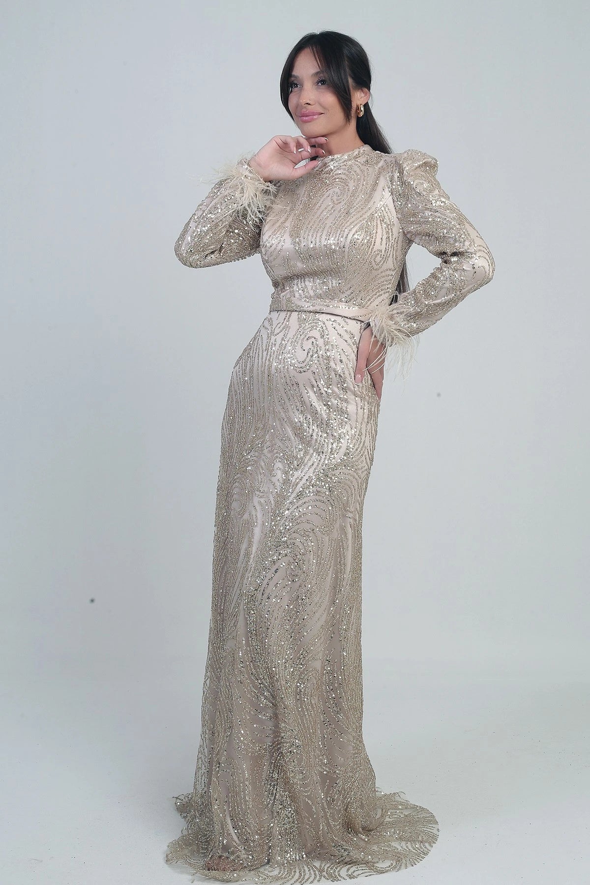 Image of Women's Long Tulle Dress with Feathered Sleeves, Beads and Sequins, and Lining