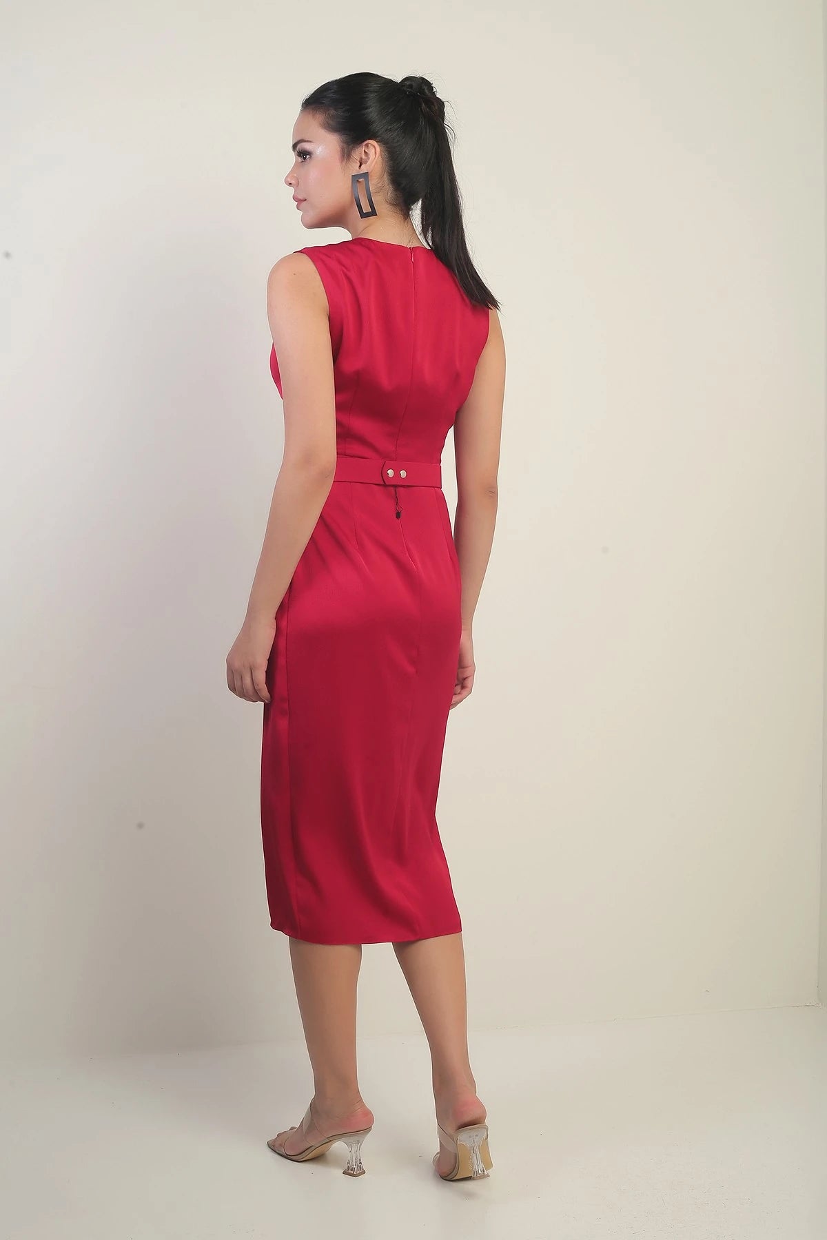 Image of Women's Wrap Neckline Front Pleated Belted Crepe Satin Dress