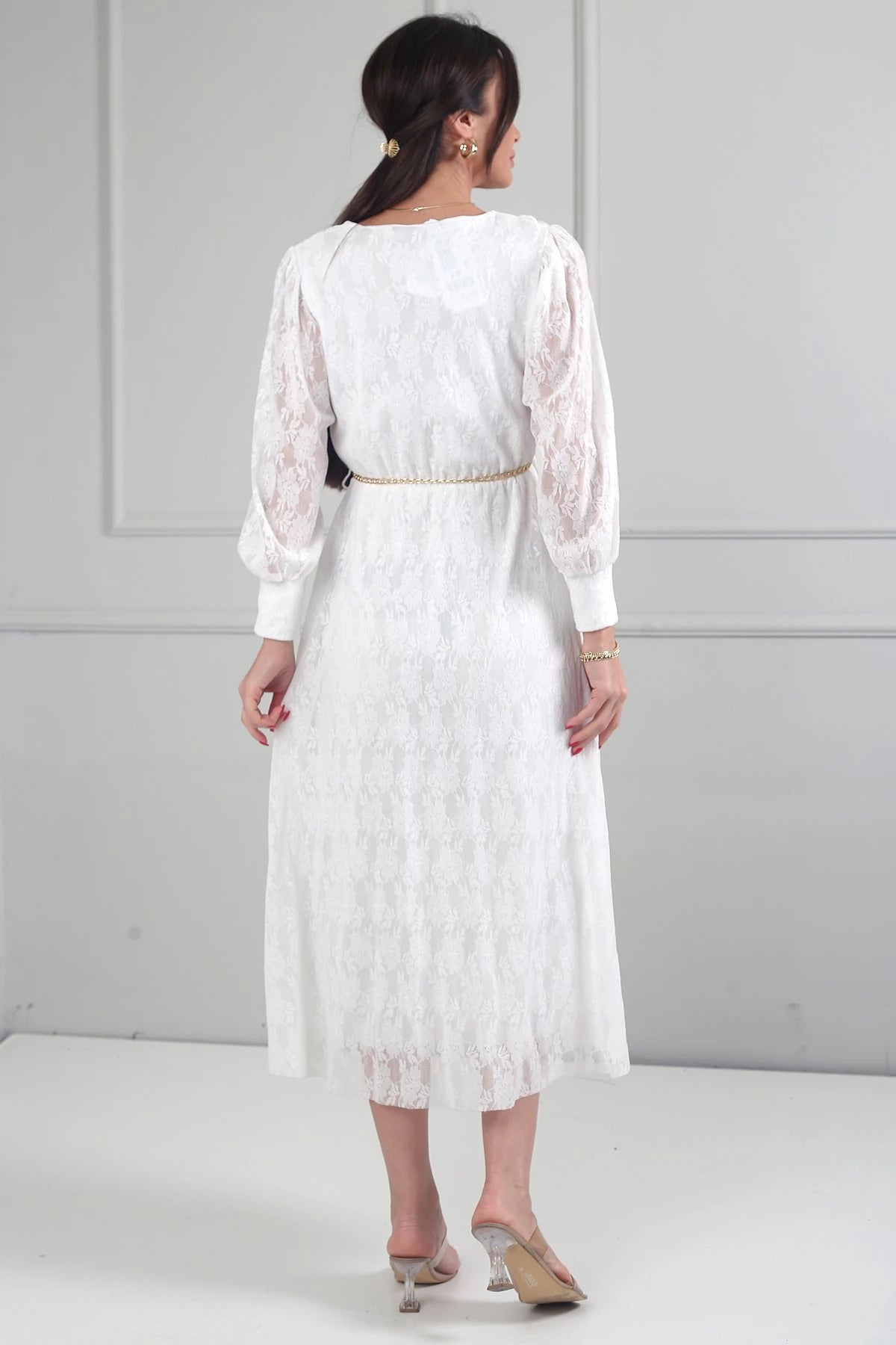 Image of Rochie midi din dantelă cu mânecă lungă și căptușeală, cu decolteu înfășurat și decolteu înfășurat pentru femei