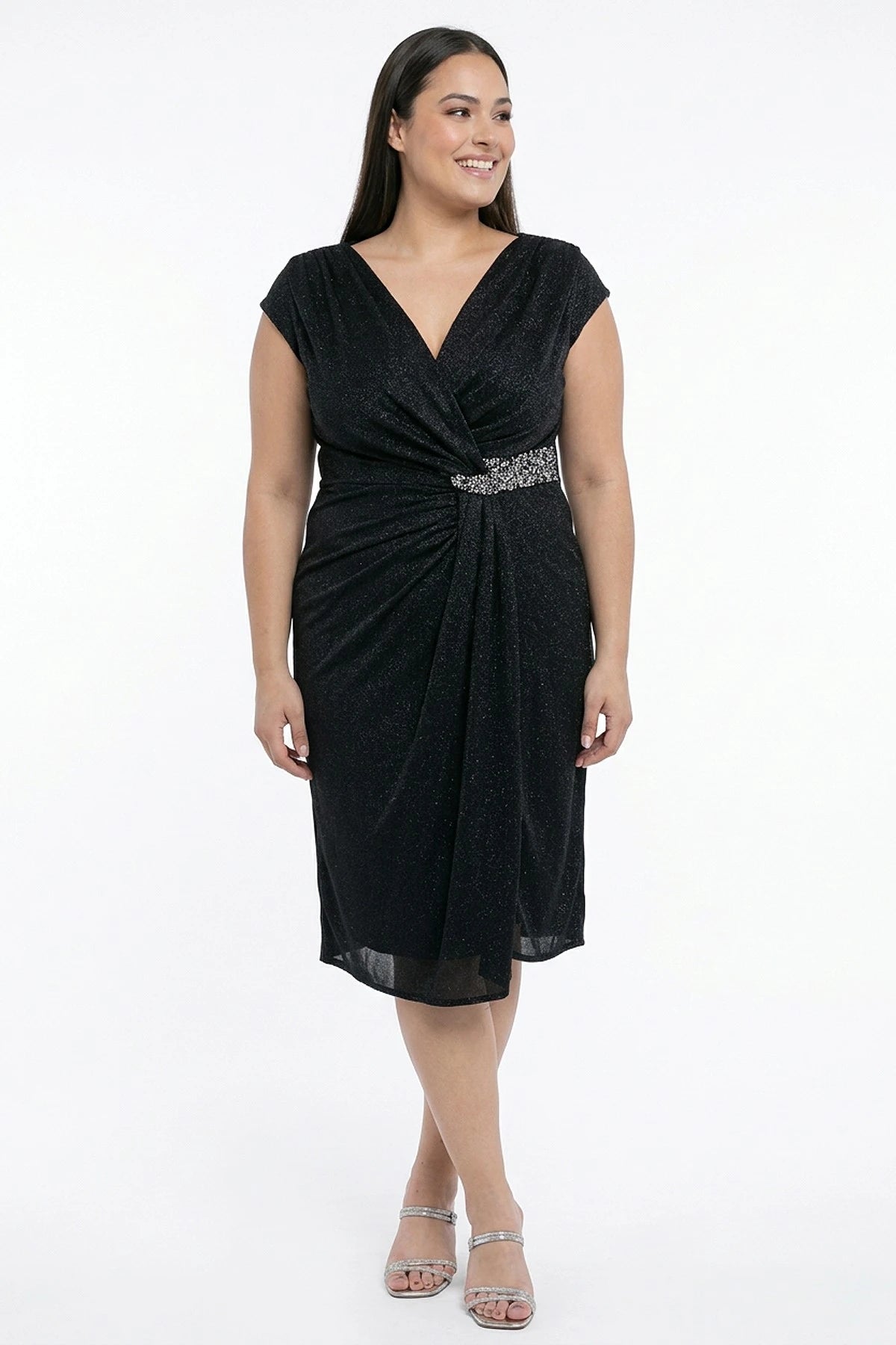 Image of Women's Wrap Neckline Half-Moon Sleeve Lined Plus Size Short Dress with Rhinestone and Glitter Embellishment at the Waist