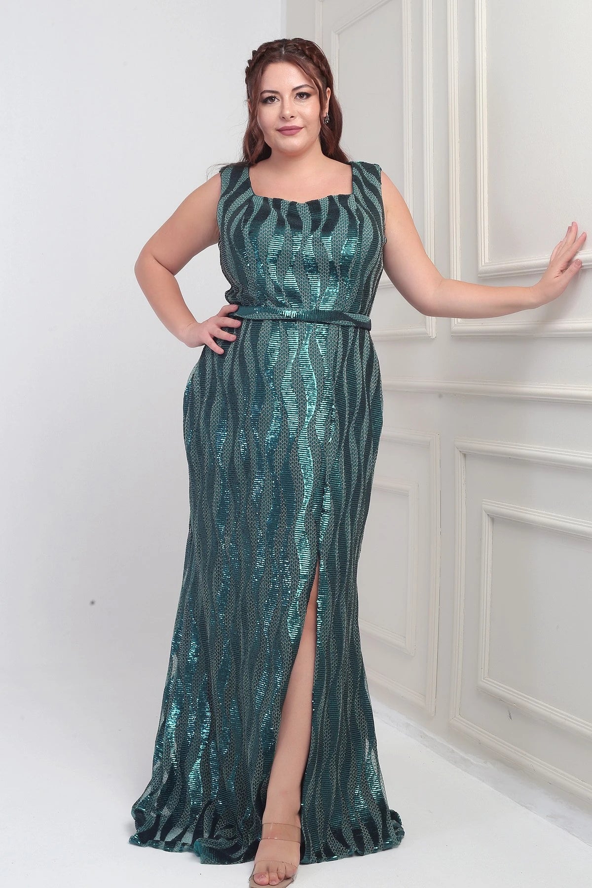 Image of Women's Square Neck Lined Sequin Plus Size Long Dress
