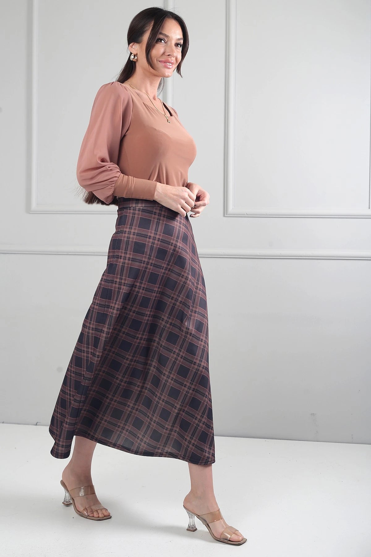 Image of Women's Elastic Waist Plaid Viscose Satin Lycra Long Skirt