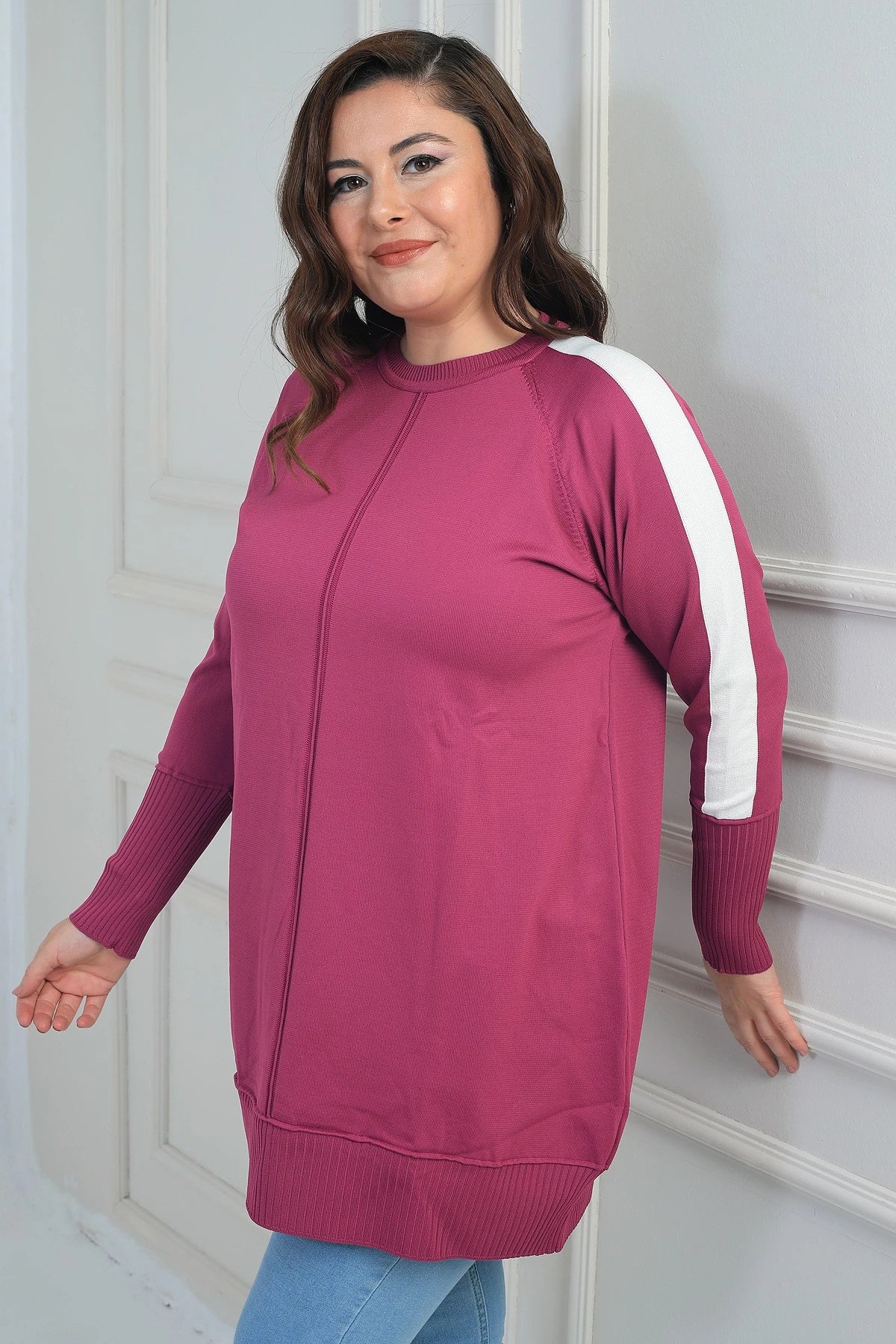 Image of Kadın Kolları Şeritli Büyük Beden Tunik Bluz