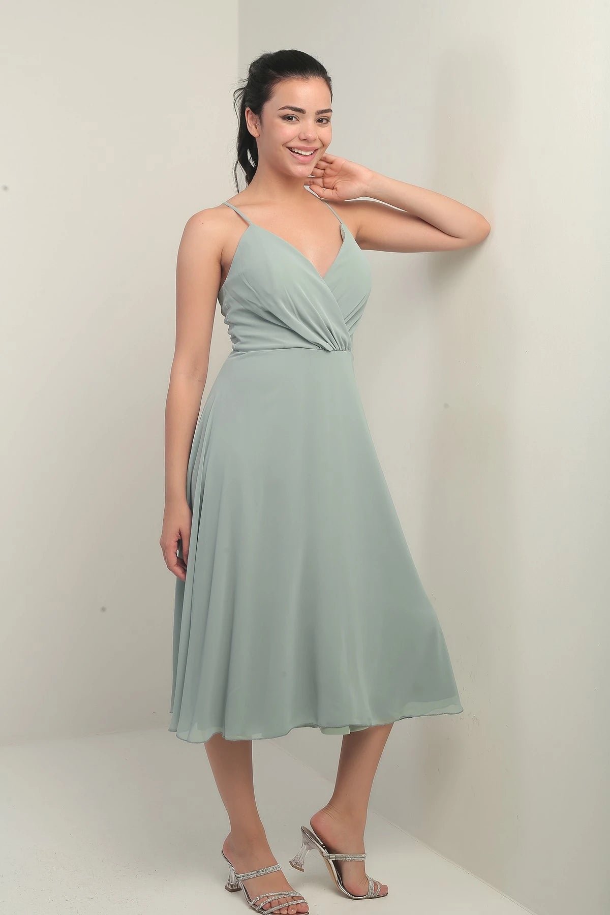 Image of Women's Strappy Wrap Neckline Lined Lace-Up Back Flared Chiffon Dress