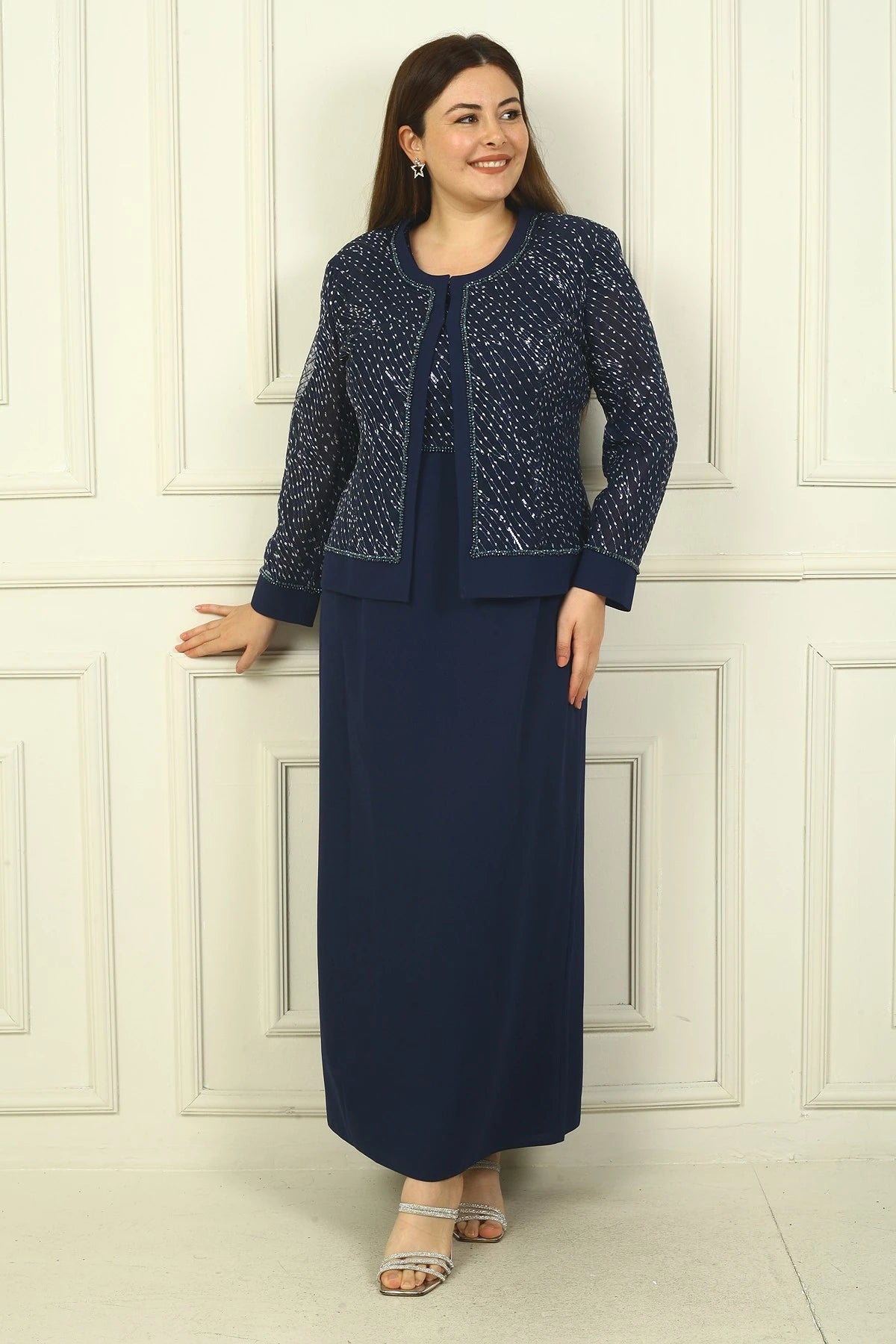 Image of Women's Beaded and Sequin Embellished Tulle Jacket, Half-Moon Sleeve Long Dress, Lined, Plus Size Two-Piece Set