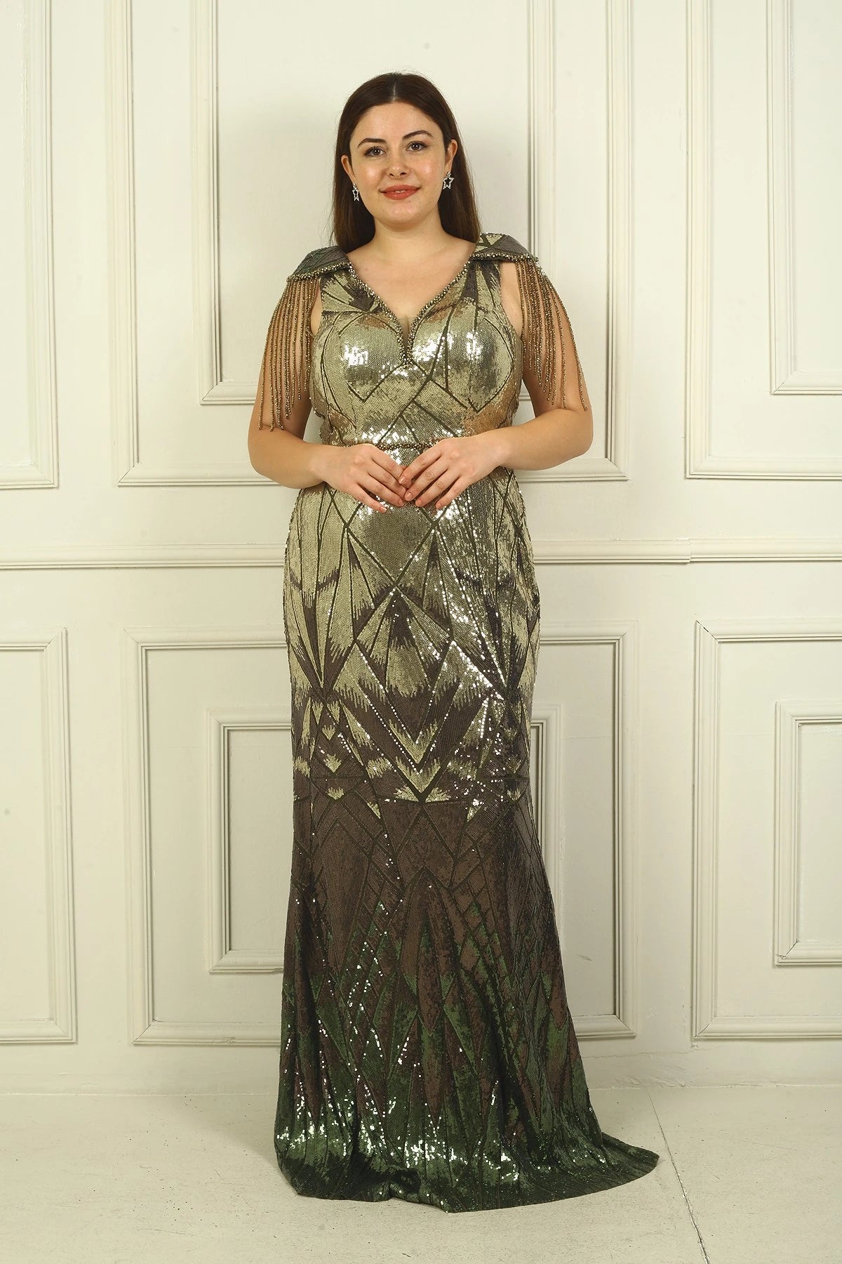 Image of Long BB Sequin Evening Dress with Beaded Tassel Sleeves and Lining