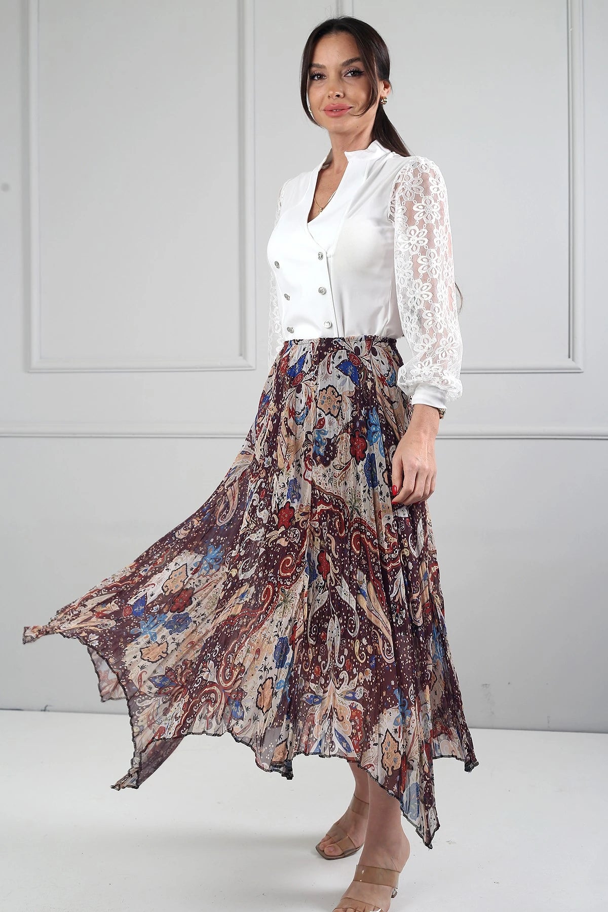 Image of Women's Elastic Waist Lined Shawl Patterned Triangle Midi Skirt