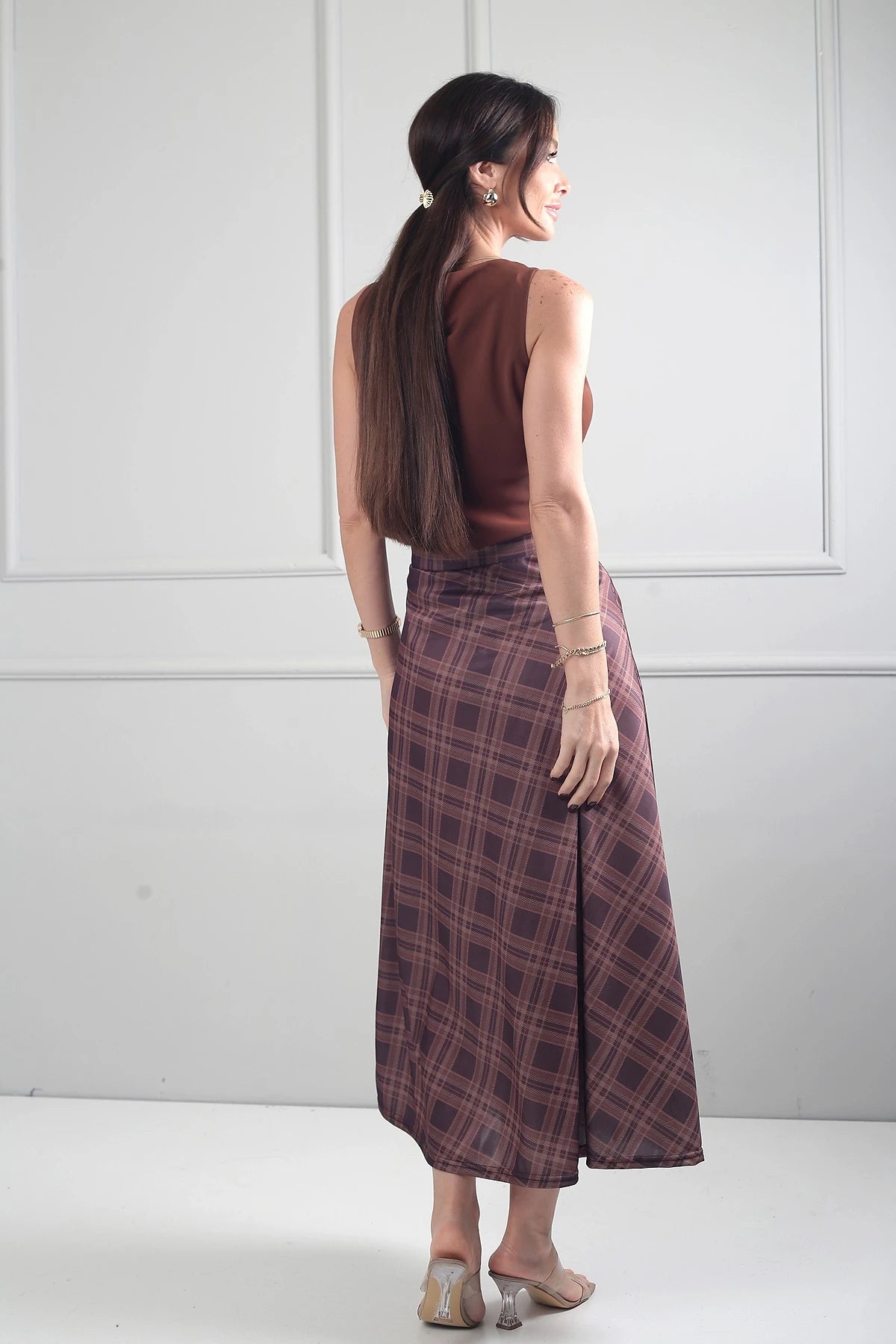 Image of Women's Elastic Waist Plaid Viscose Satin Lycra Long Skirt