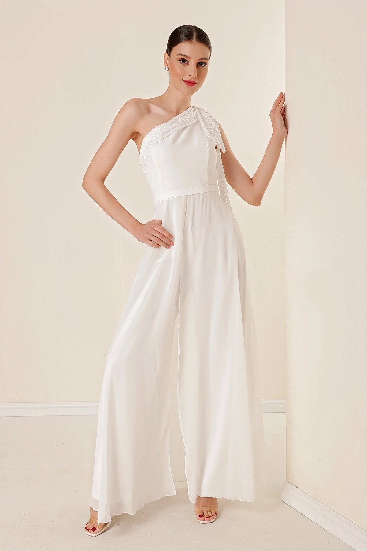 Image of Sequin Collar One-Shoulder Chiffon Crepe Jumpsuit