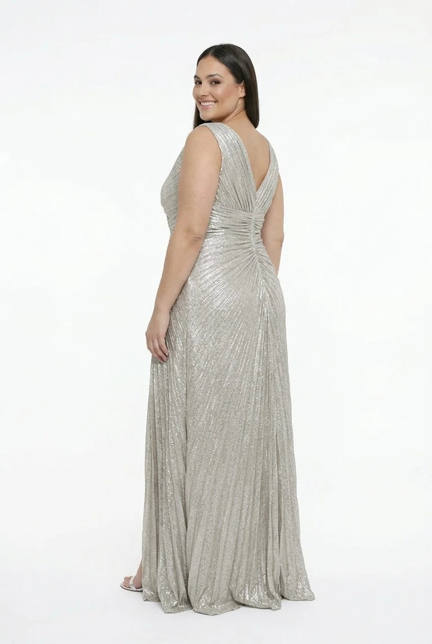 Image of Women's Front and Back V-Neck Ekol Fabric Pleated Series Stone Embellished Lined Plus Size Long Dress
