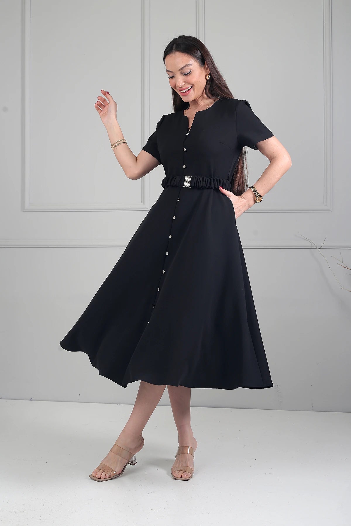 Image of Women's Short-Sleeved Midi Dress with Metal Buttons at the Front and Pockets