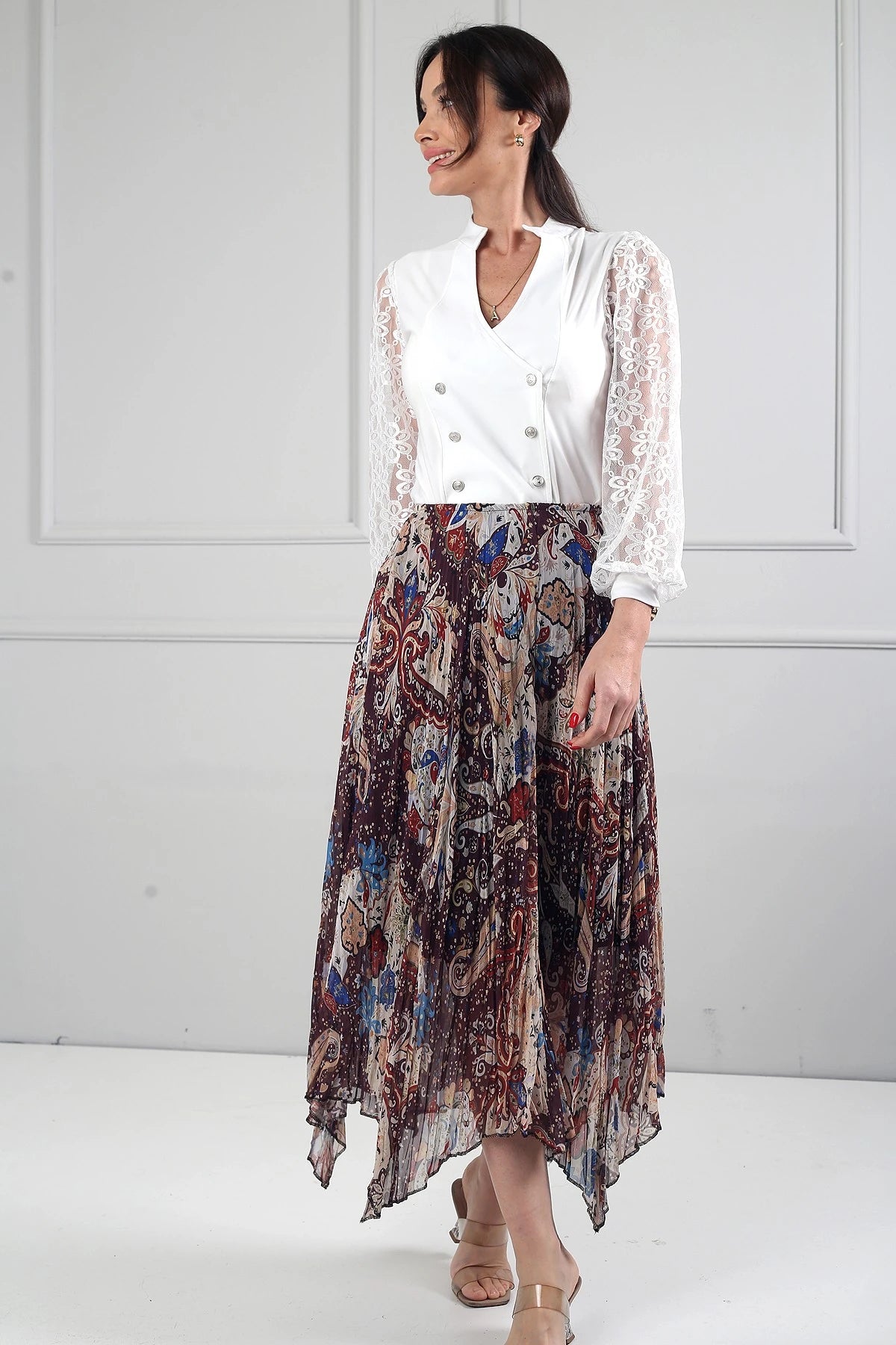 Image of Women's Elastic Waist Lined Shawl Patterned Triangle Midi Skirt