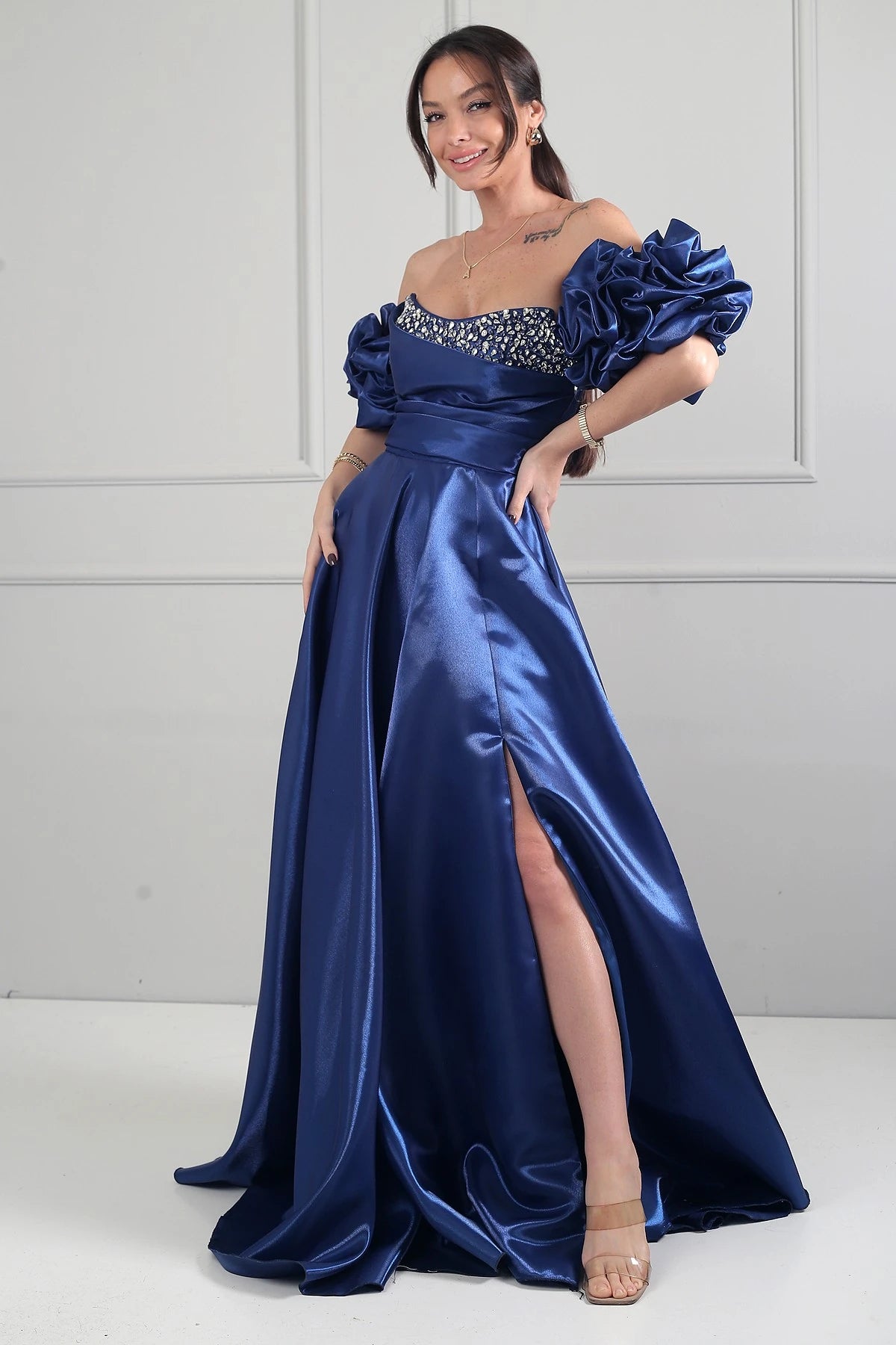 Image of Women's Strapless Balloon Sleeve Lined Long Satin Dress with Stone Embellishments