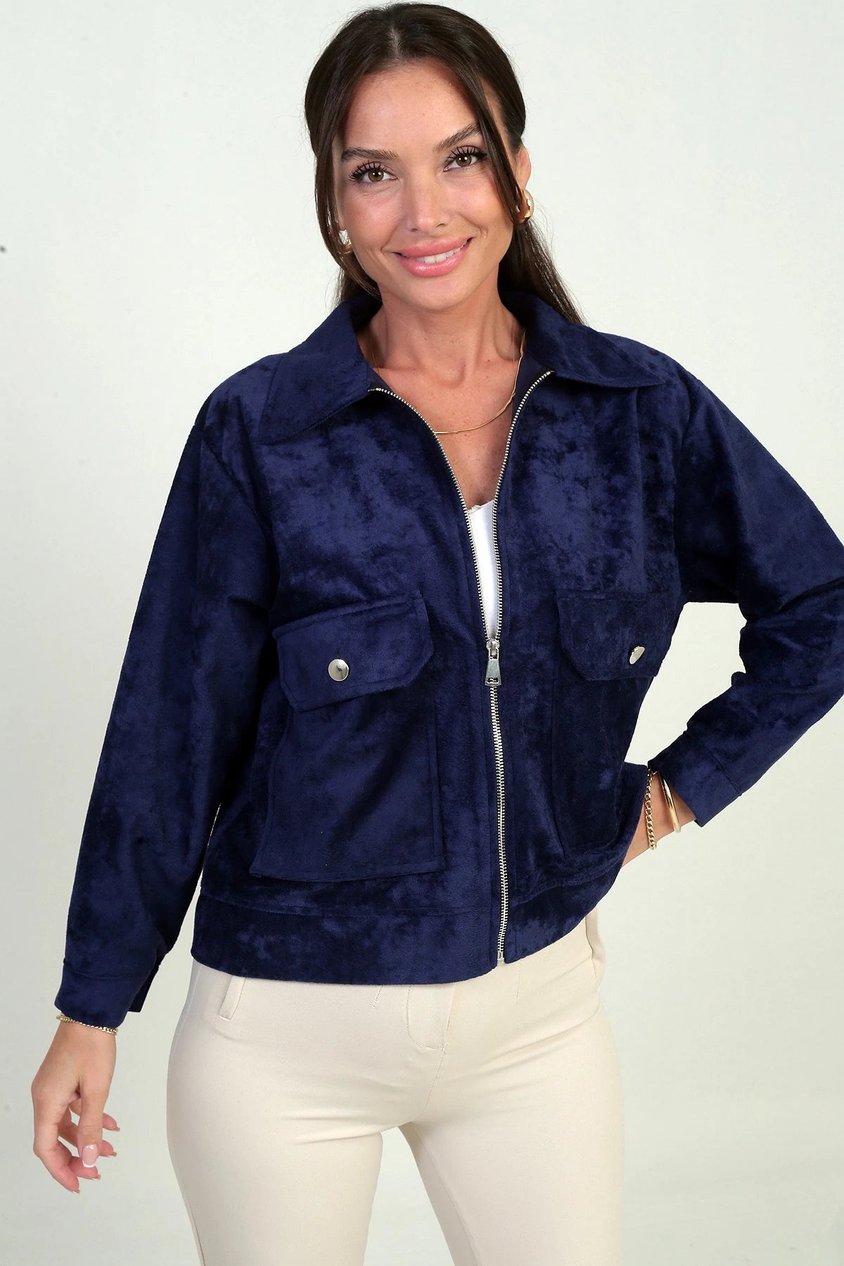 Image of Women's Suede Jacket with Patch Pockets and Zip Front