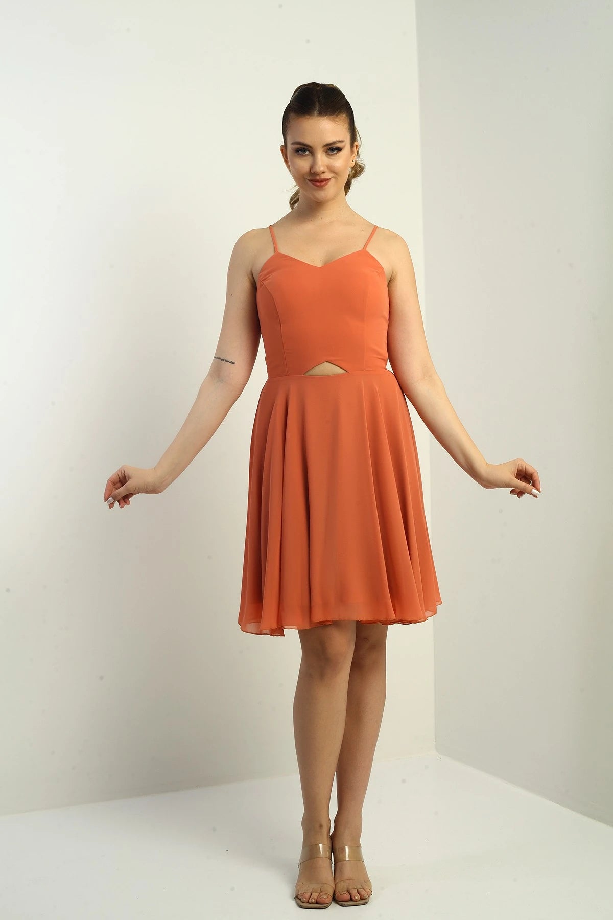 Image of Women's Strappy, Back-Tie, Front-Opening, Lined Chiffon Short Flared Dress