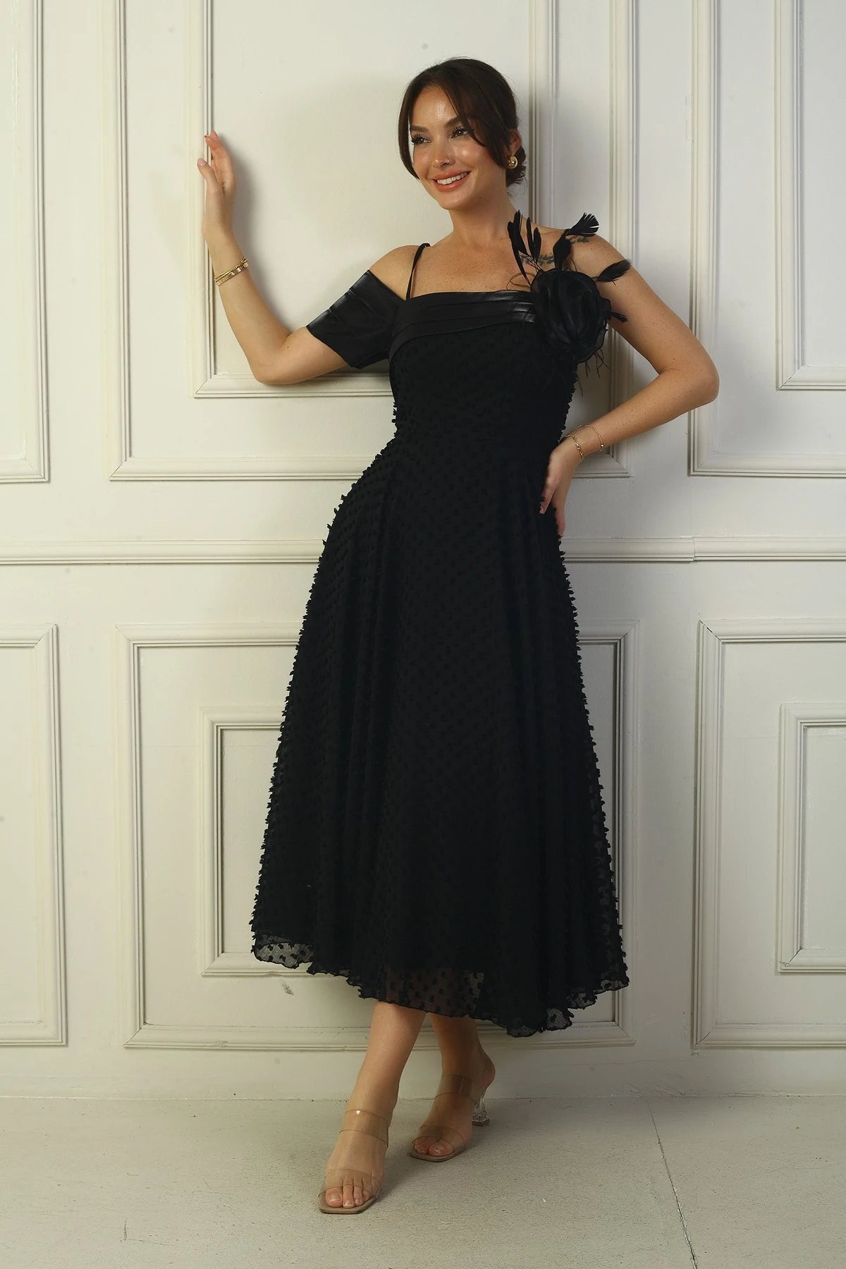 Image of Women's Strappy, Back Lace-Up, Dropped One-Sleeve Dress with Feather Brooch, Lined, and Glossy Fabric.