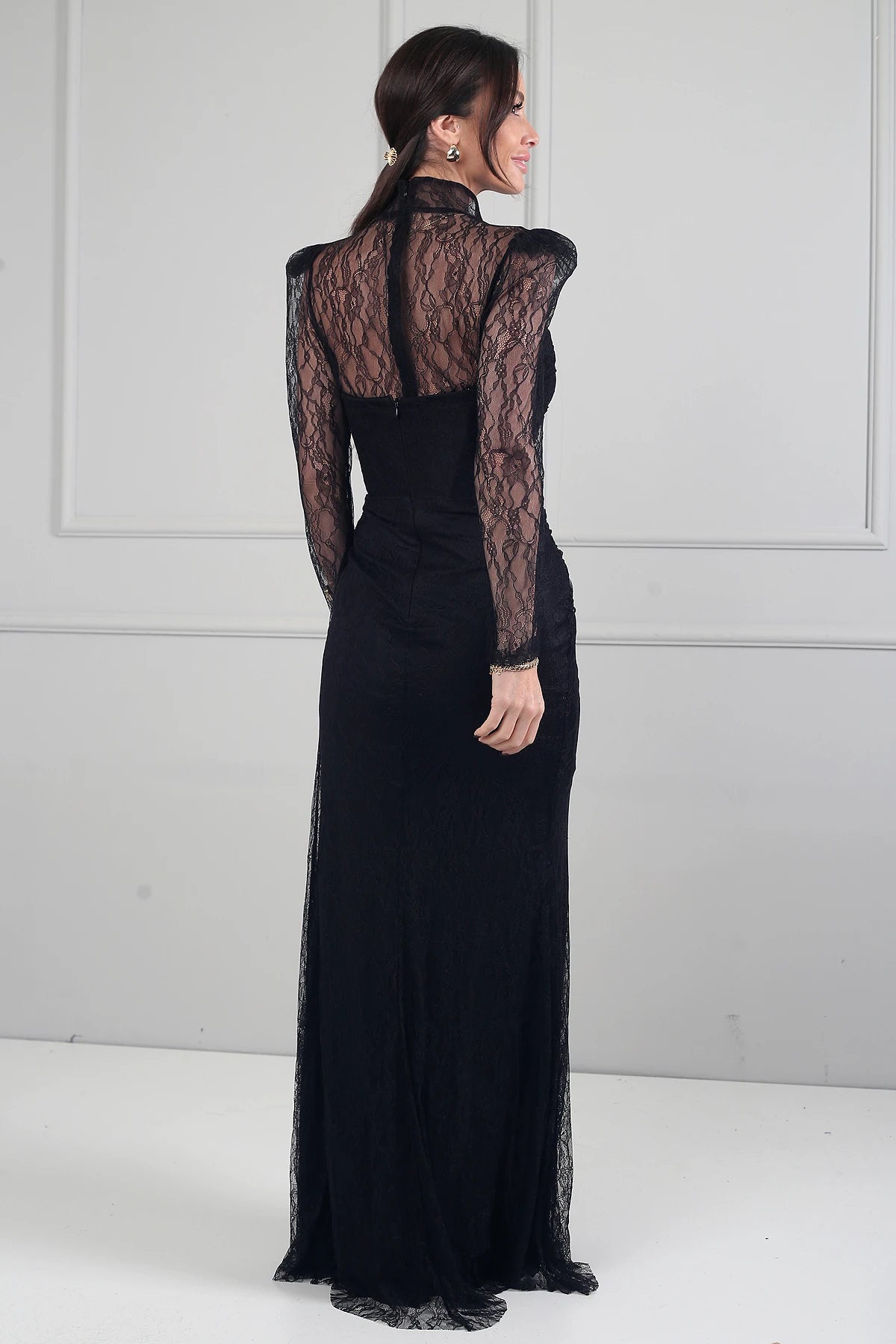 Image of Kadın 3 Parçalı Tasarım Abiye Straplez Önü Büzgülü Astarlı Uzun Elbise Dik Yaka Dantel Bluz