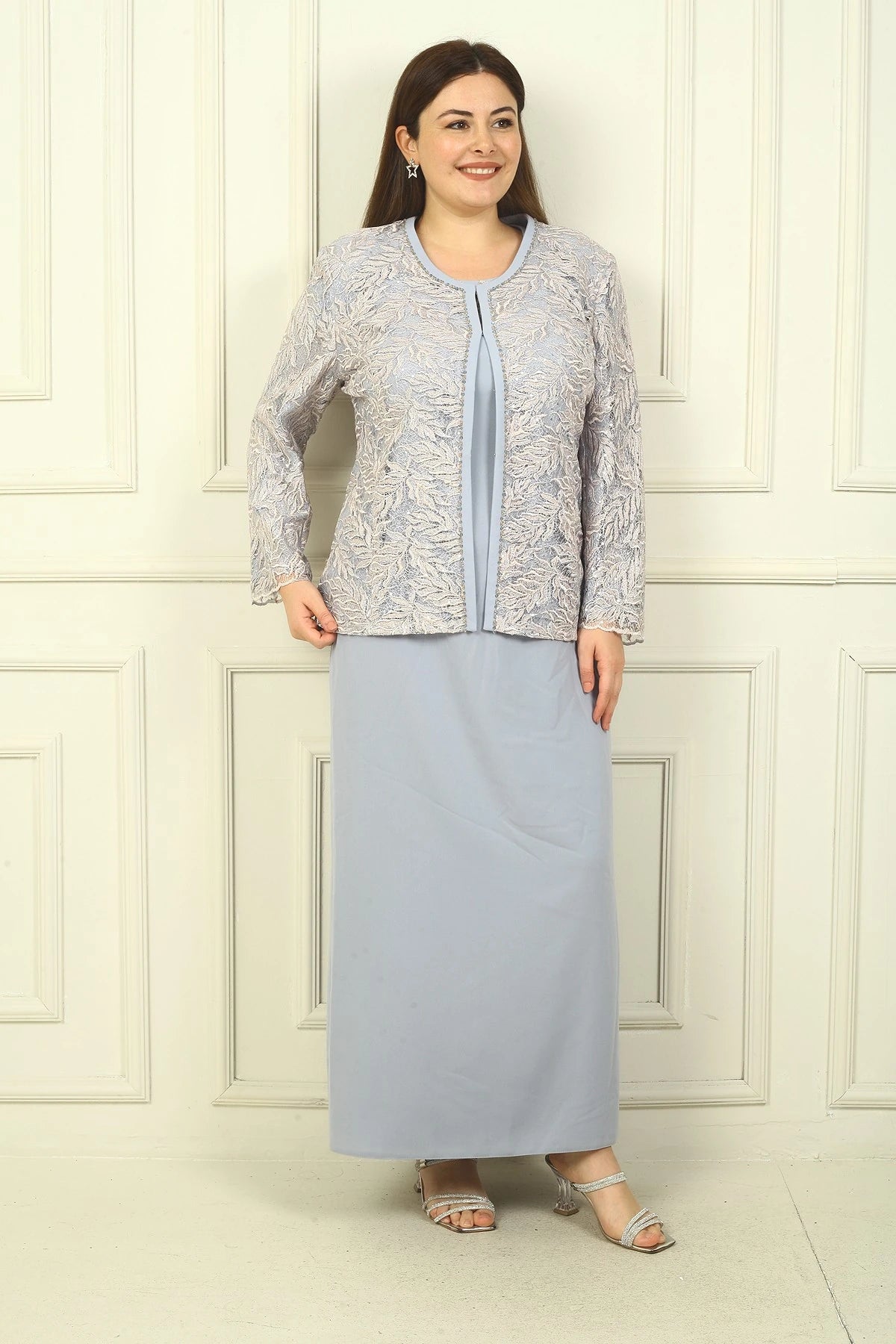 Image of Long Dress with Beaded Collar, Plus Size Two-Piece Set with Beaded and Sequin Embroidered Jacket, Lined.