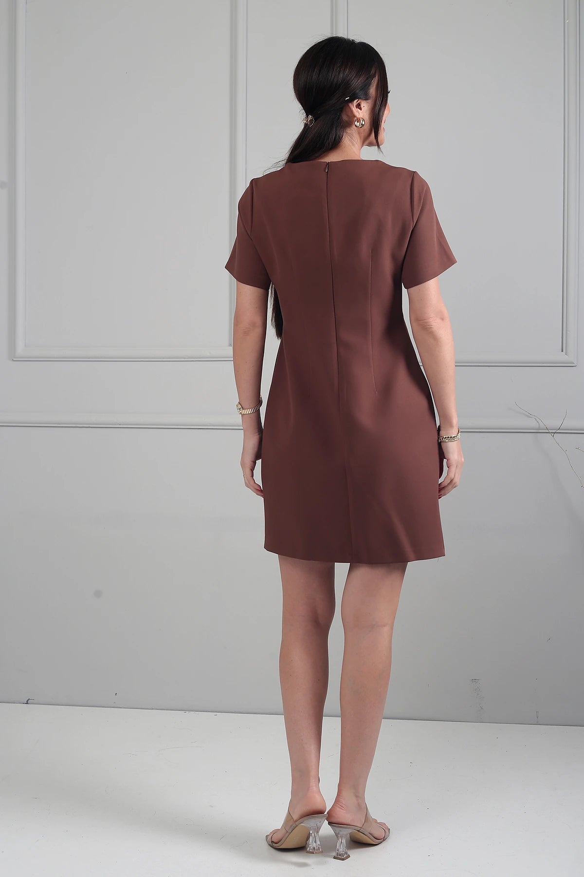 Image of Women's Short Dress with Neckline Detail, Self-Interfacing, Double Crepe Fabric, and Buckle Closure.