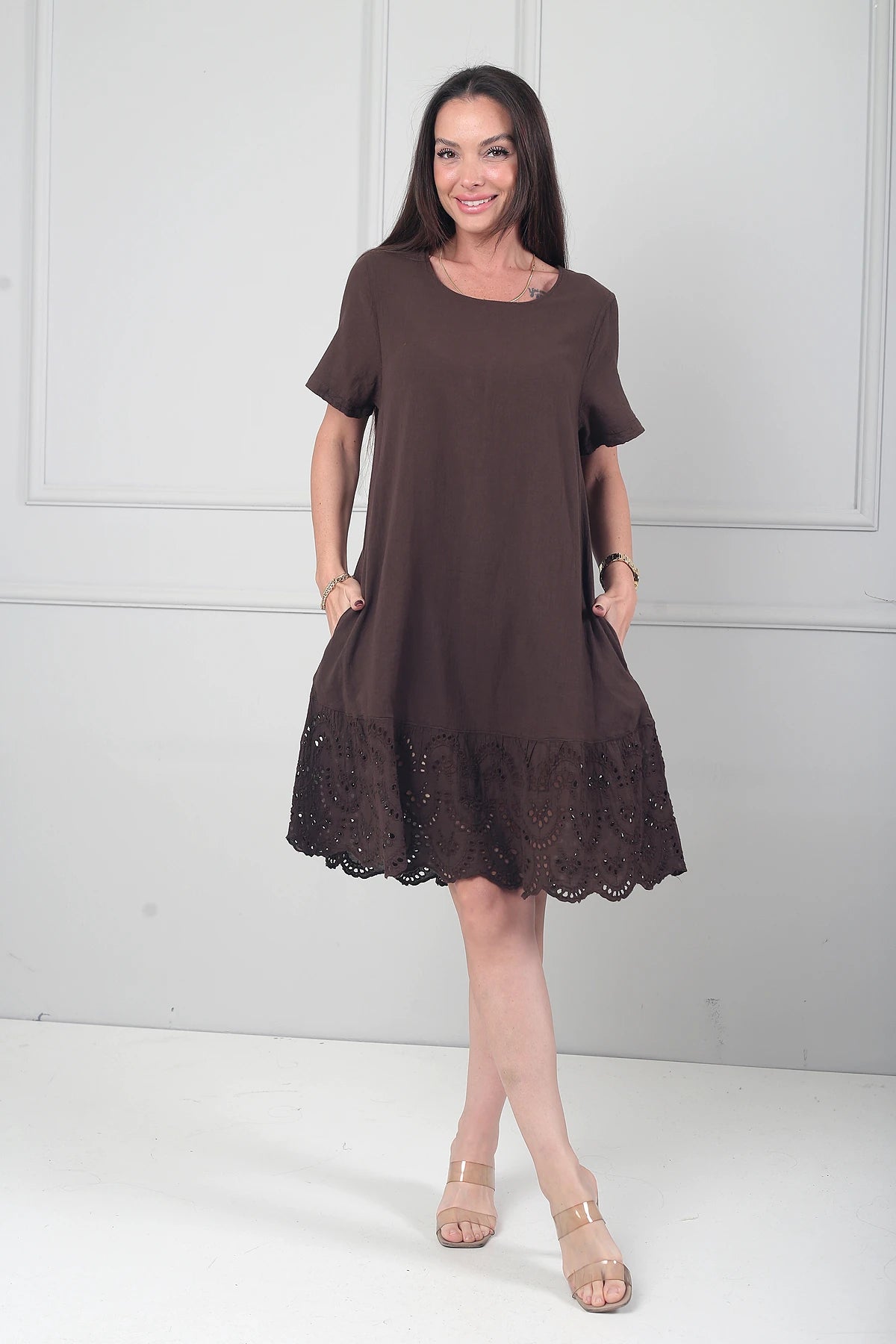 Image of Kadın İtalyan Kısa Kollu Eteği Fisto Astarlı Cepli Cotton Midi Elbise