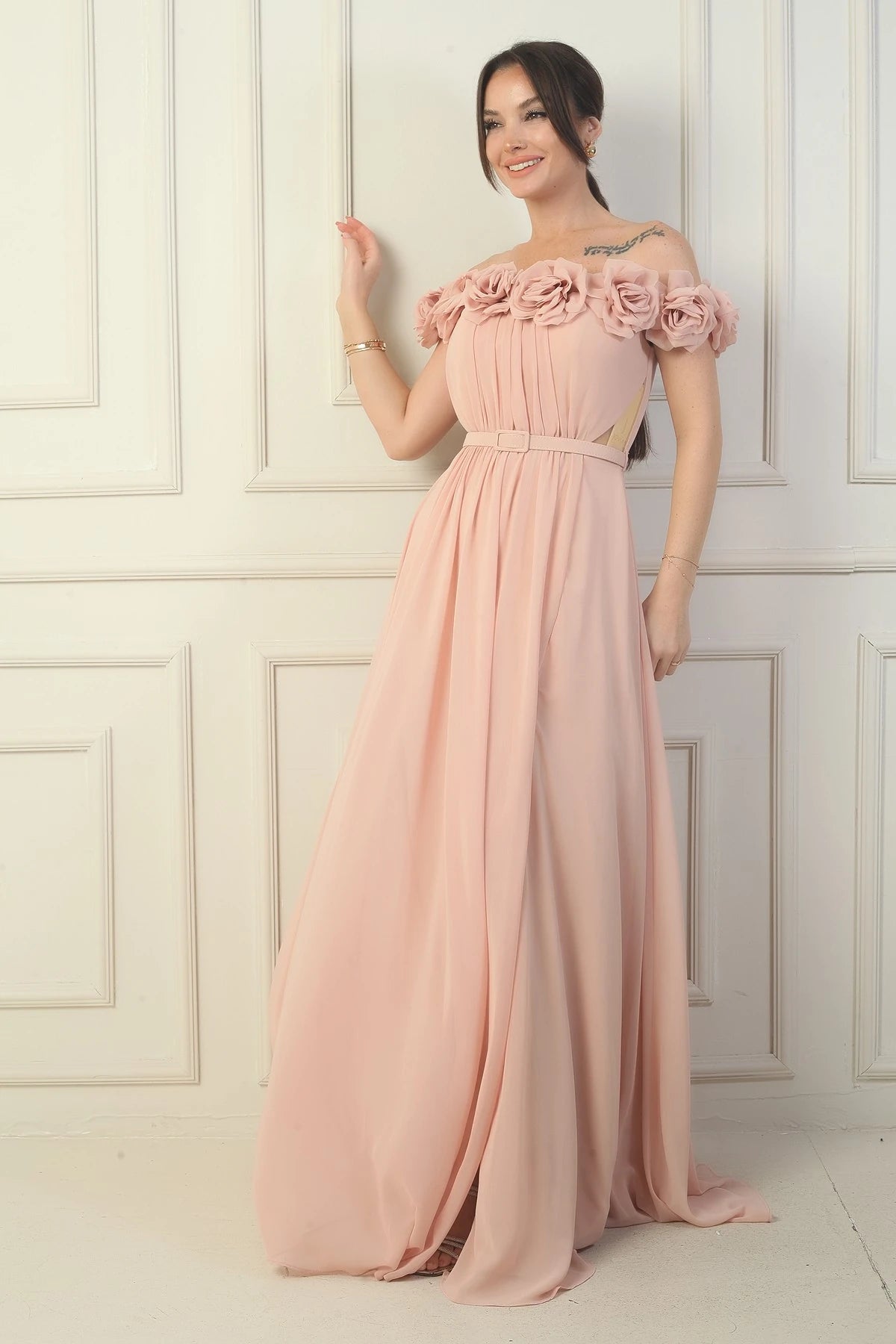 Image of Women's Long Chiffon Dress with Laser-Cut Floral Neckline and Lining, Belted Waist