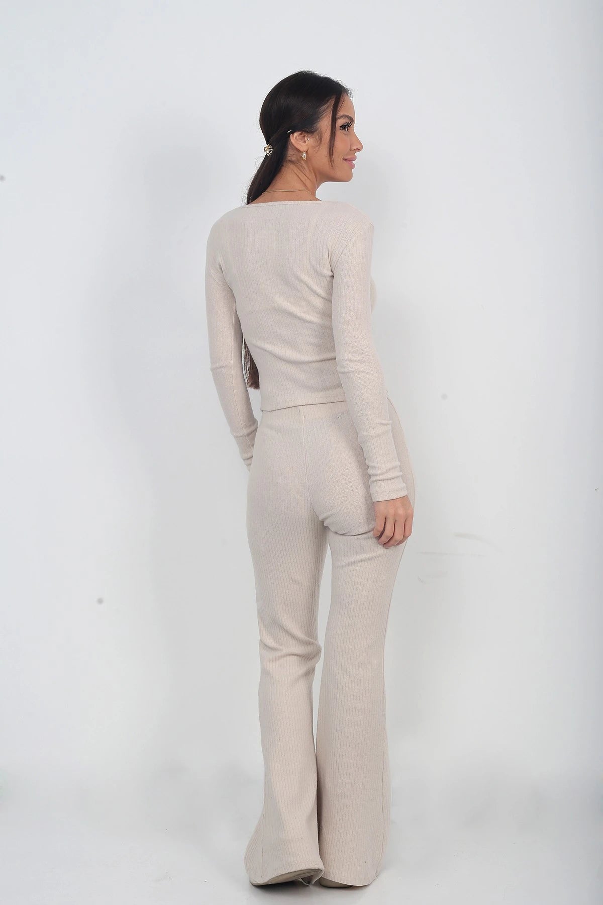 Image of Women's Gold Buttoned Long-Sleeve Blouse and Elastic Waist Wide-Leg Trousers 2-Piece Set