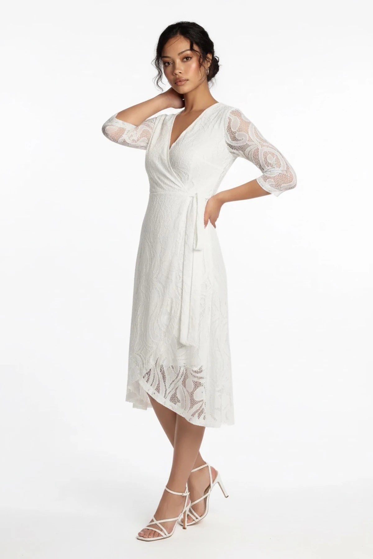 Image of Wrap Neckline Lined Envelope Lace Dress