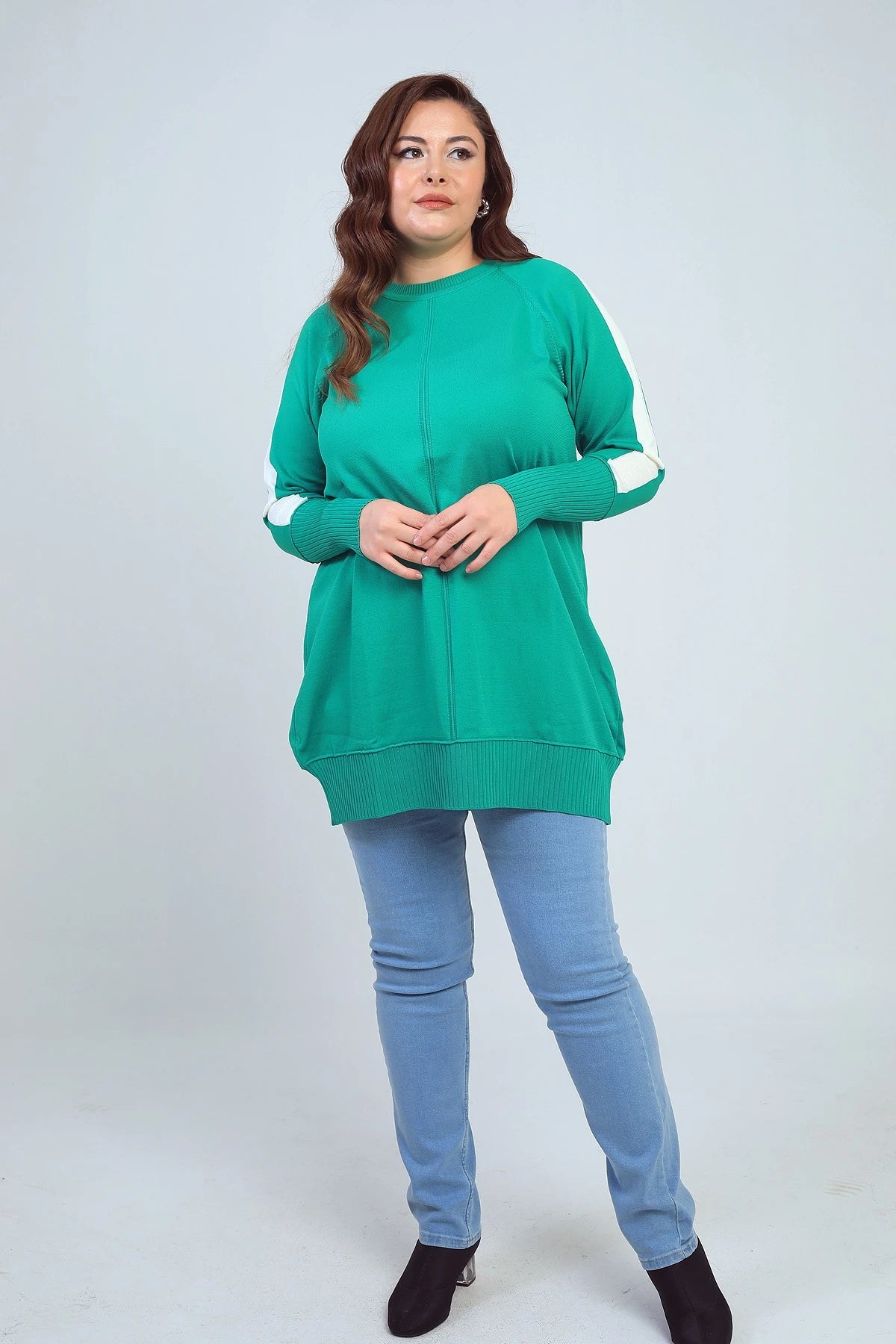 Image of Kadın Kolları Şeritli Büyük Beden Tunik Bluz