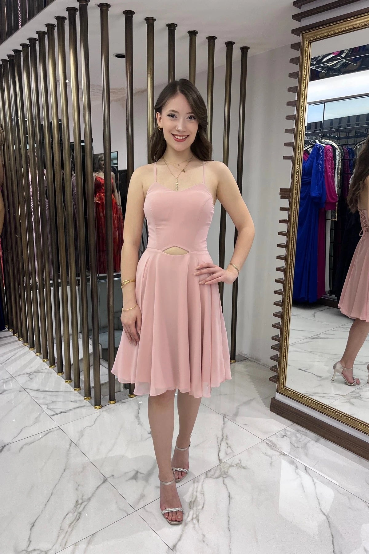 Image of Women's Strappy, Back-Tie, Front-Opening, Lined Chiffon Short Flared Dress