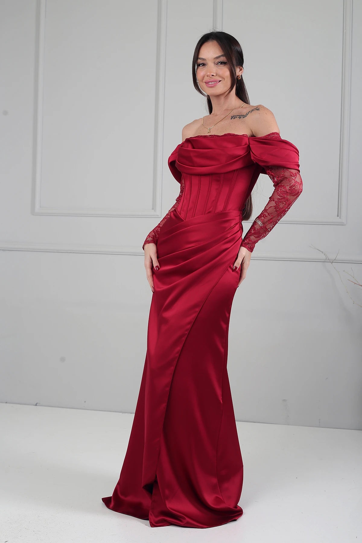 Image of Women's Boat Neck Lace Sleeve Lined Long Satin Dress