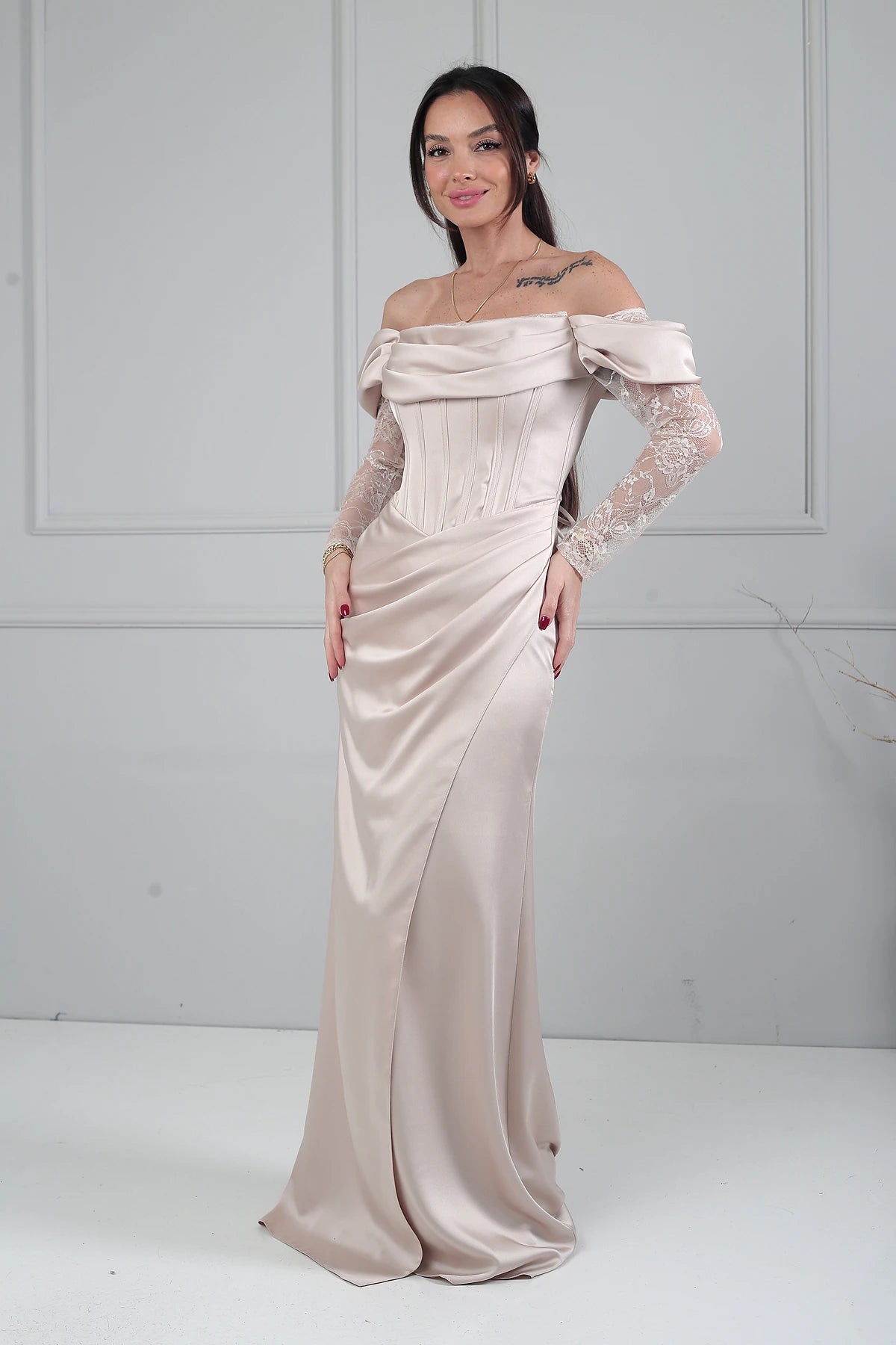 Image of Women's Boat Neck Lace Sleeve Lined Long Satin Dress