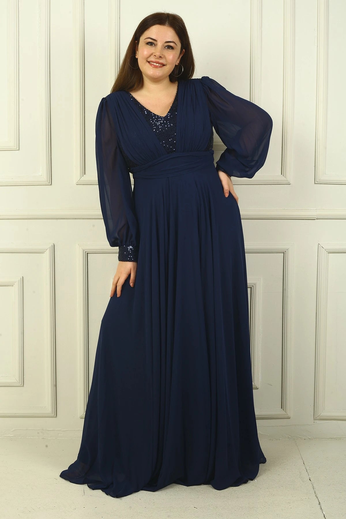 Image of Women's Front and Back V-Neck Sequined Lined Plus Size Long Chiffon Evening Dress