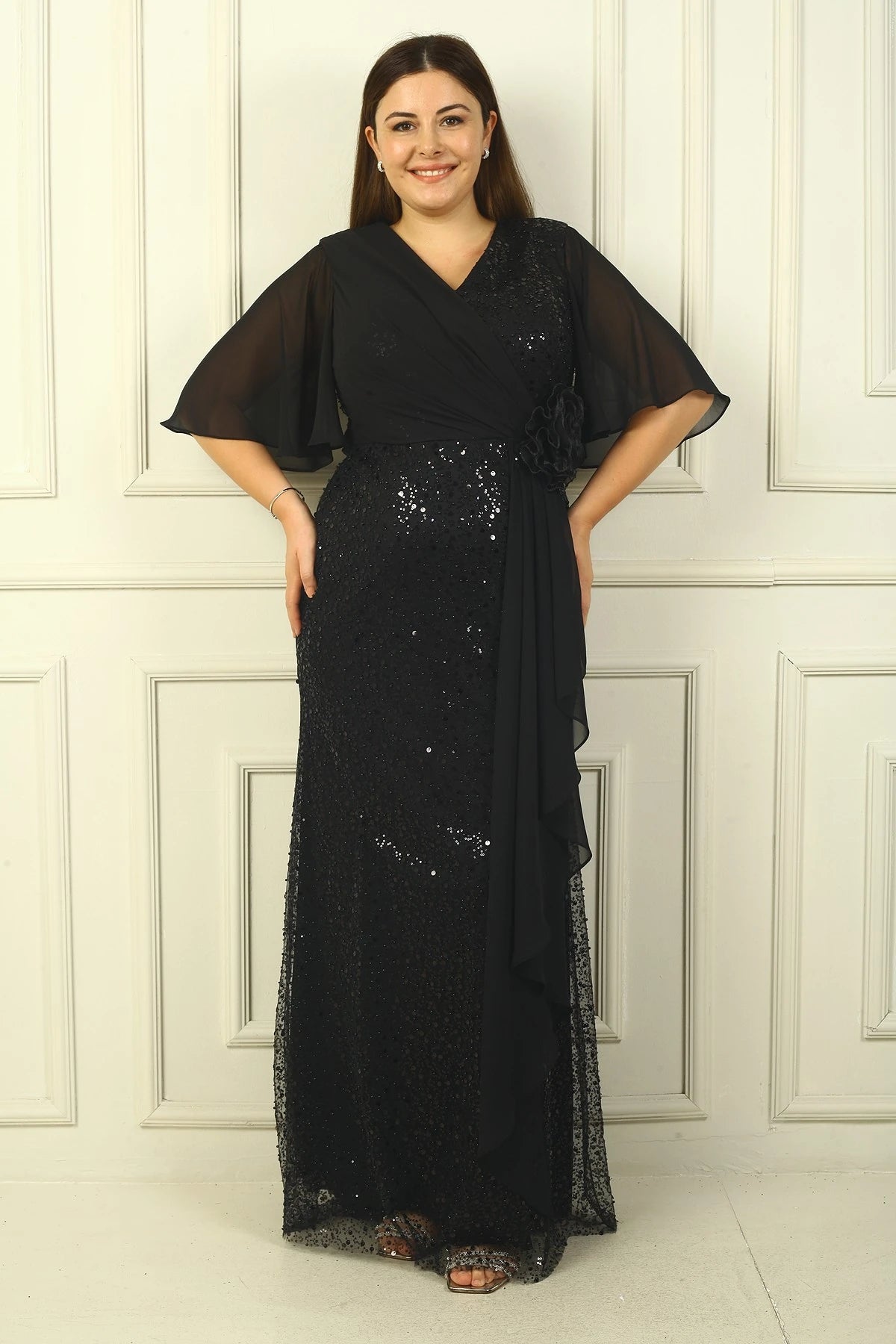 Image of Women's Beaded and Sequined Chiffon Lined Long BB Dress