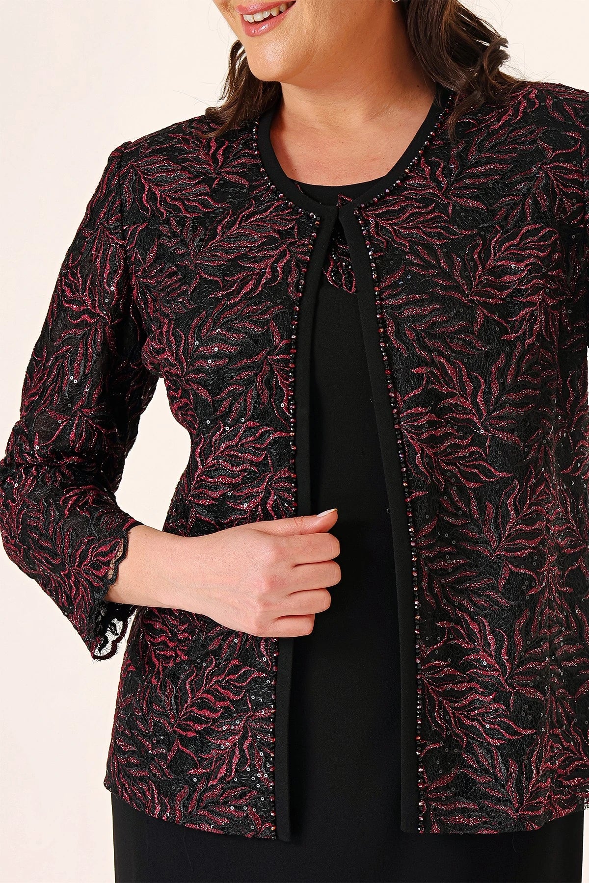Image of Long Dress with Beaded Collar, Plus Size Two-Piece Set with Beaded and Sequin Embroidered Jacket, Lined.