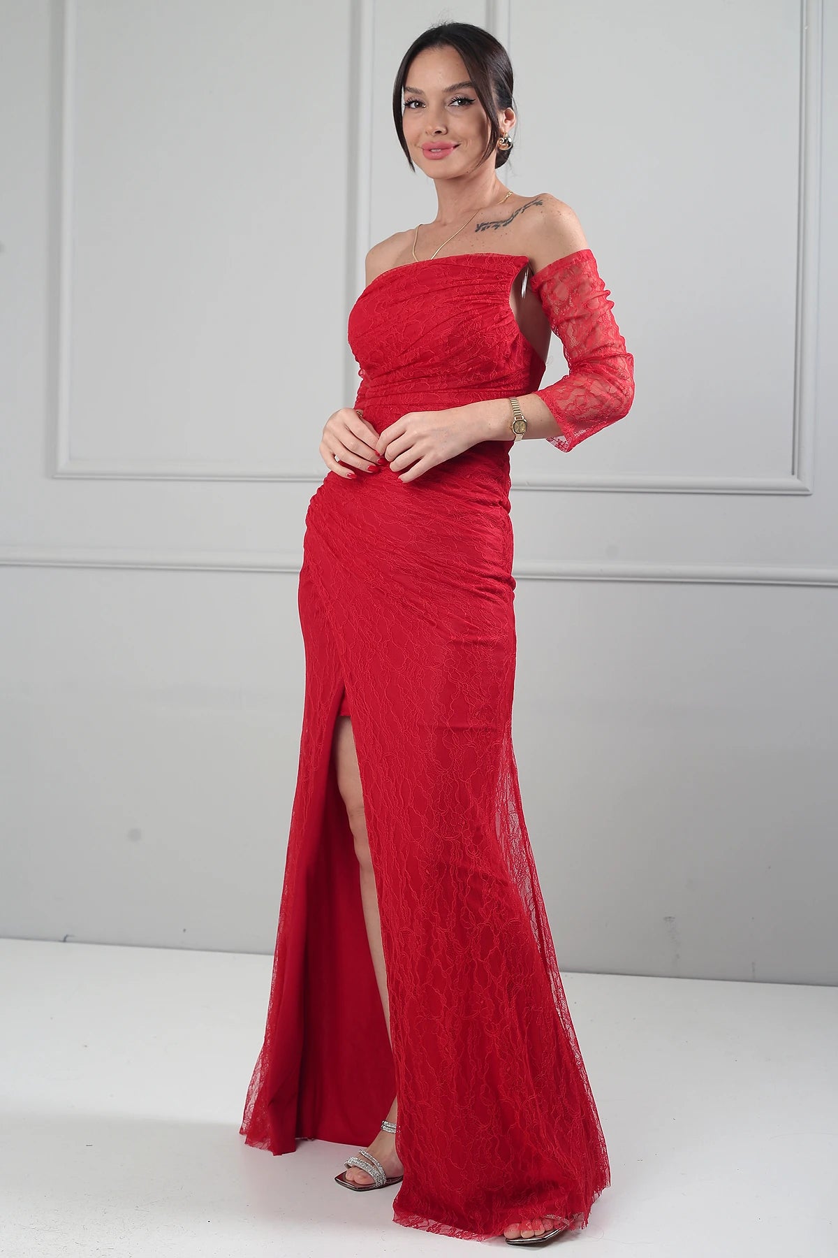 Image of Kadın 3 Parçalı Tasarım Abiye Straplez Önü Büzgülü Astarlı Uzun Elbise Dik Yaka Dantel Bluz