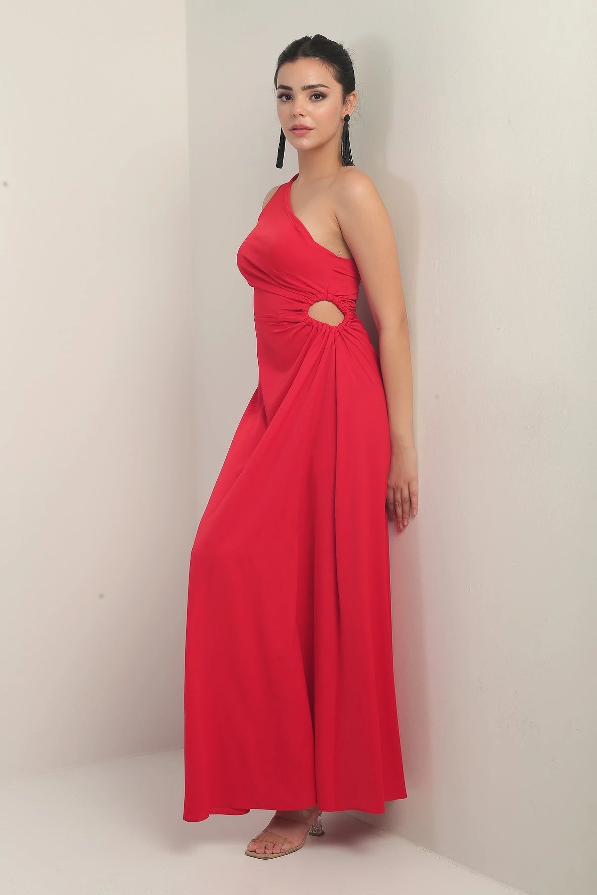 Image of Women's One-Shoulder Long Crepe Satin Dress with Side Window Detail