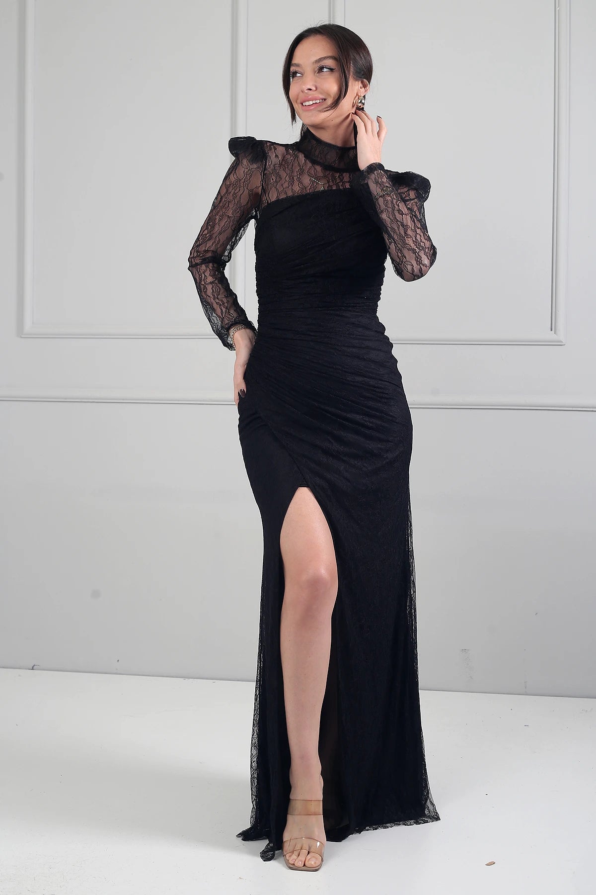 Image of Kadın 3 Parçalı Tasarım Abiye Straplez Önü Büzgülü Astarlı Uzun Elbise Dik Yaka Dantel Bluz