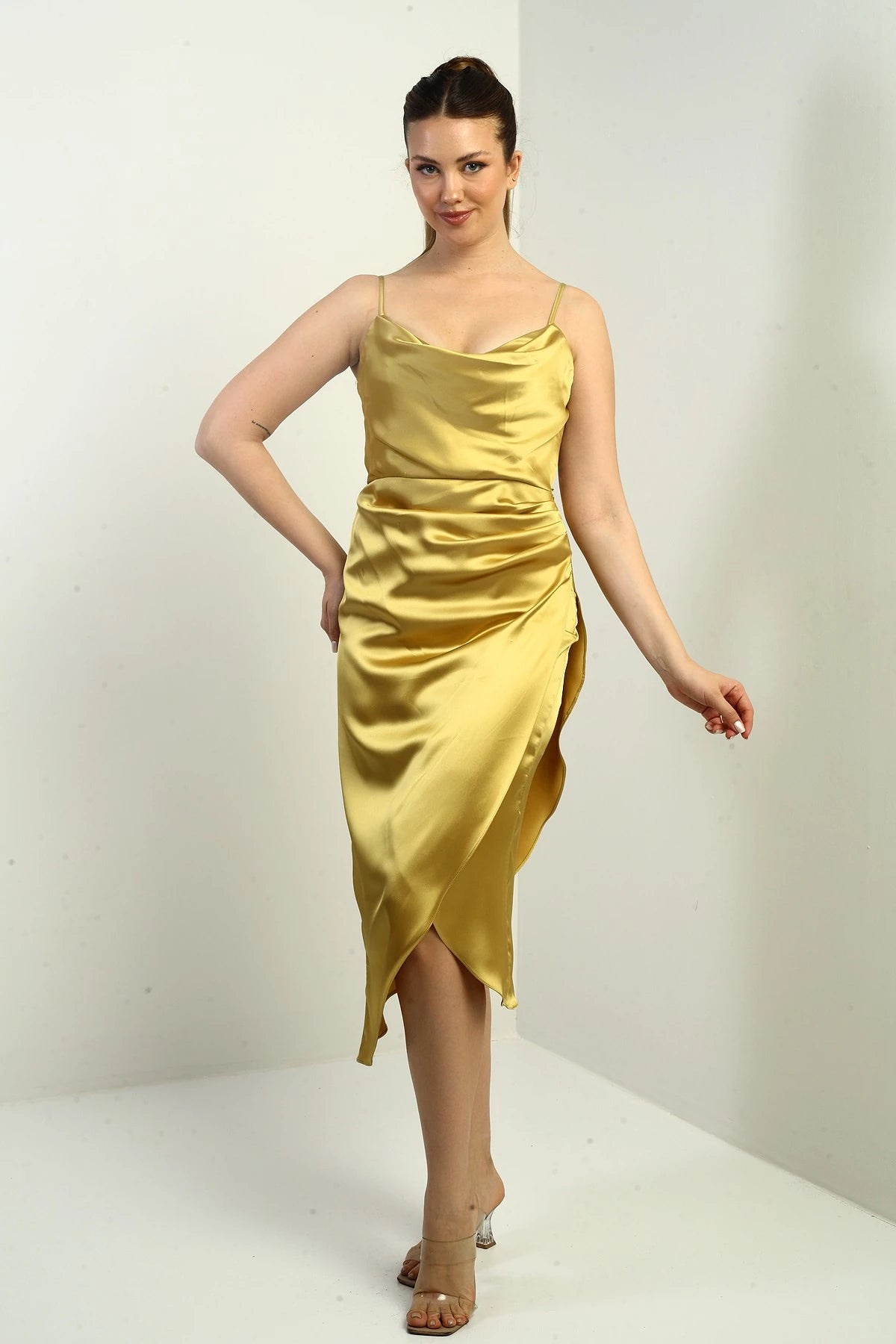 Image of Women's Strappy Draped Lined Asymmetrical Midi Dress