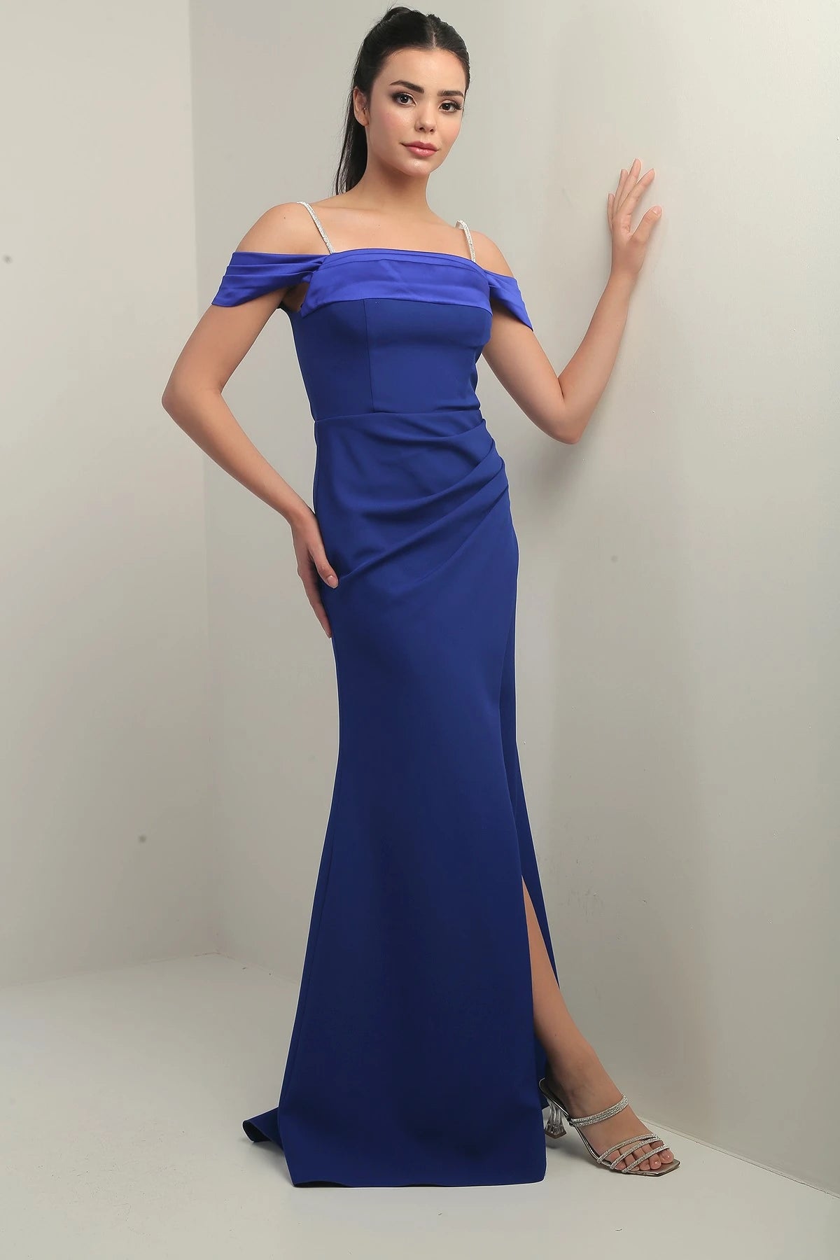 Image of Women's Embellished Thin Strap, Dropped Sleeve Satin Madonna Neckline Lined Draped Double Fishtail Dress