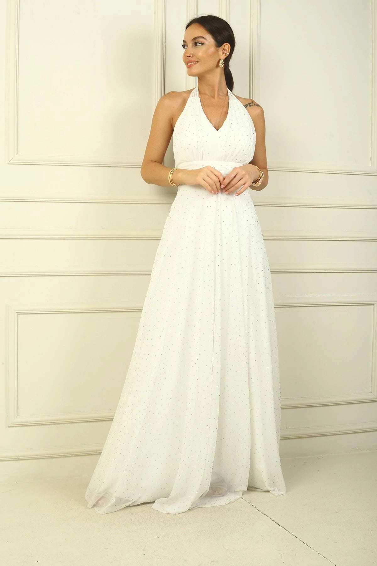 Image of Women's Halter Neck Stone Print Lined Long Tulle Dress