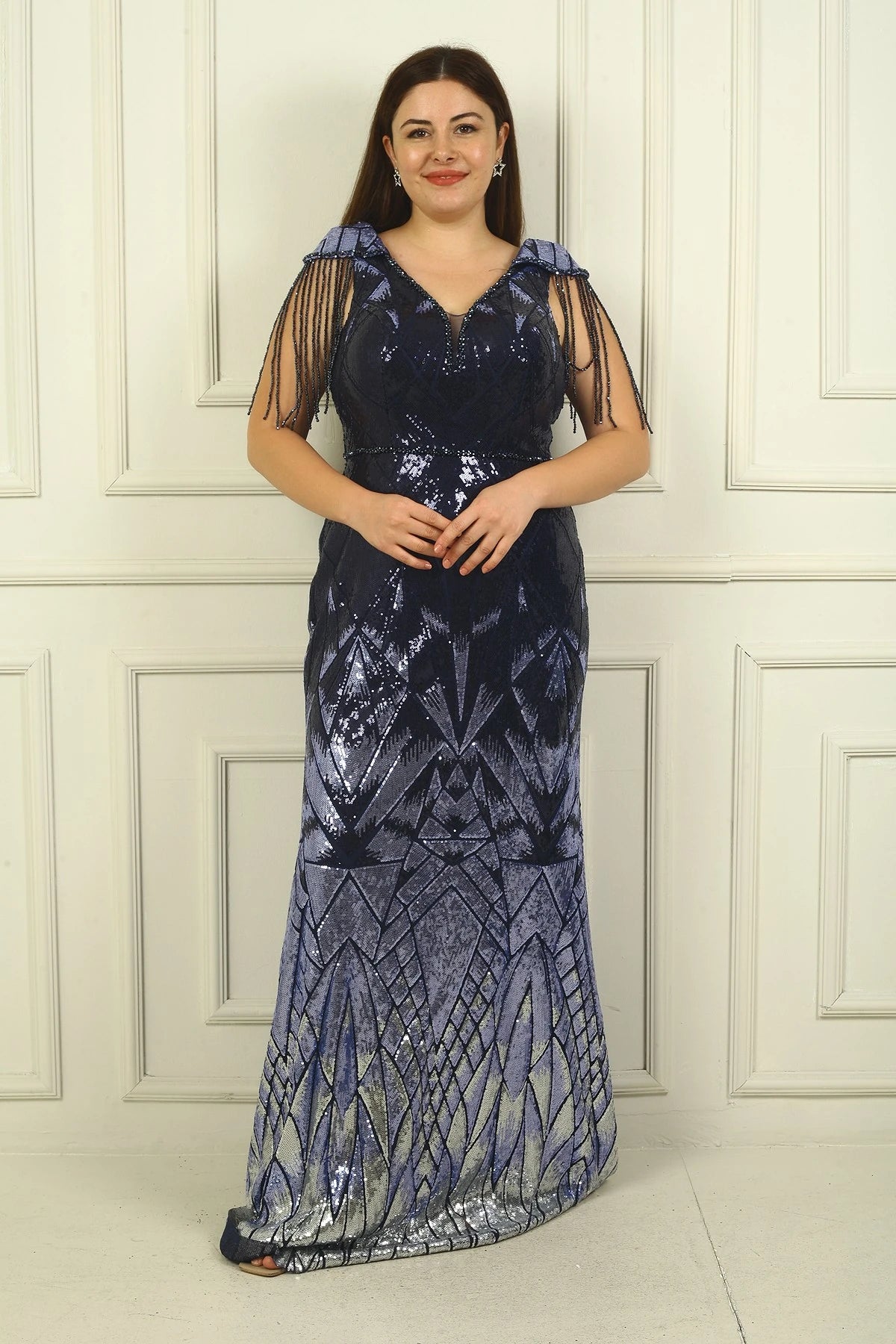 Image of Long BB Sequin Evening Dress with Beaded Tassel Sleeves and Lining