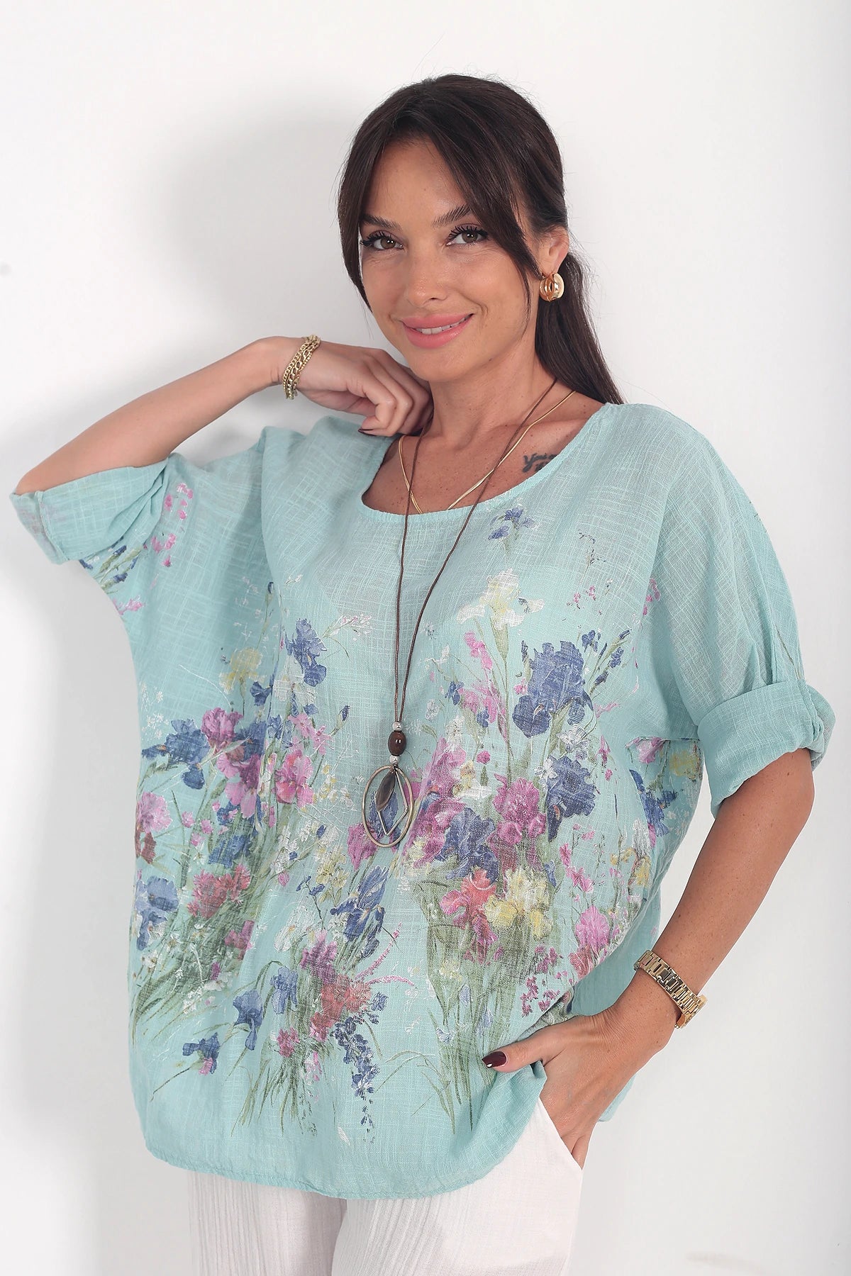 Image of Kadın İtalyan Cotton Çiçek Desenli Oversize Bluz