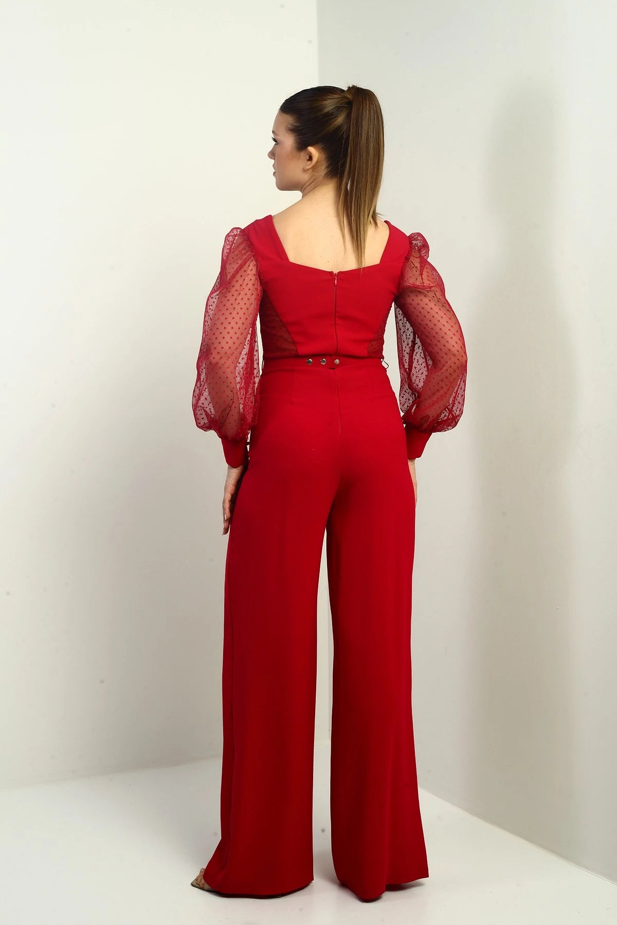 Image of Women's Sweetheart Neckline Long Tulle Sleeved Belted Palazzo Crepe Jumpsuit