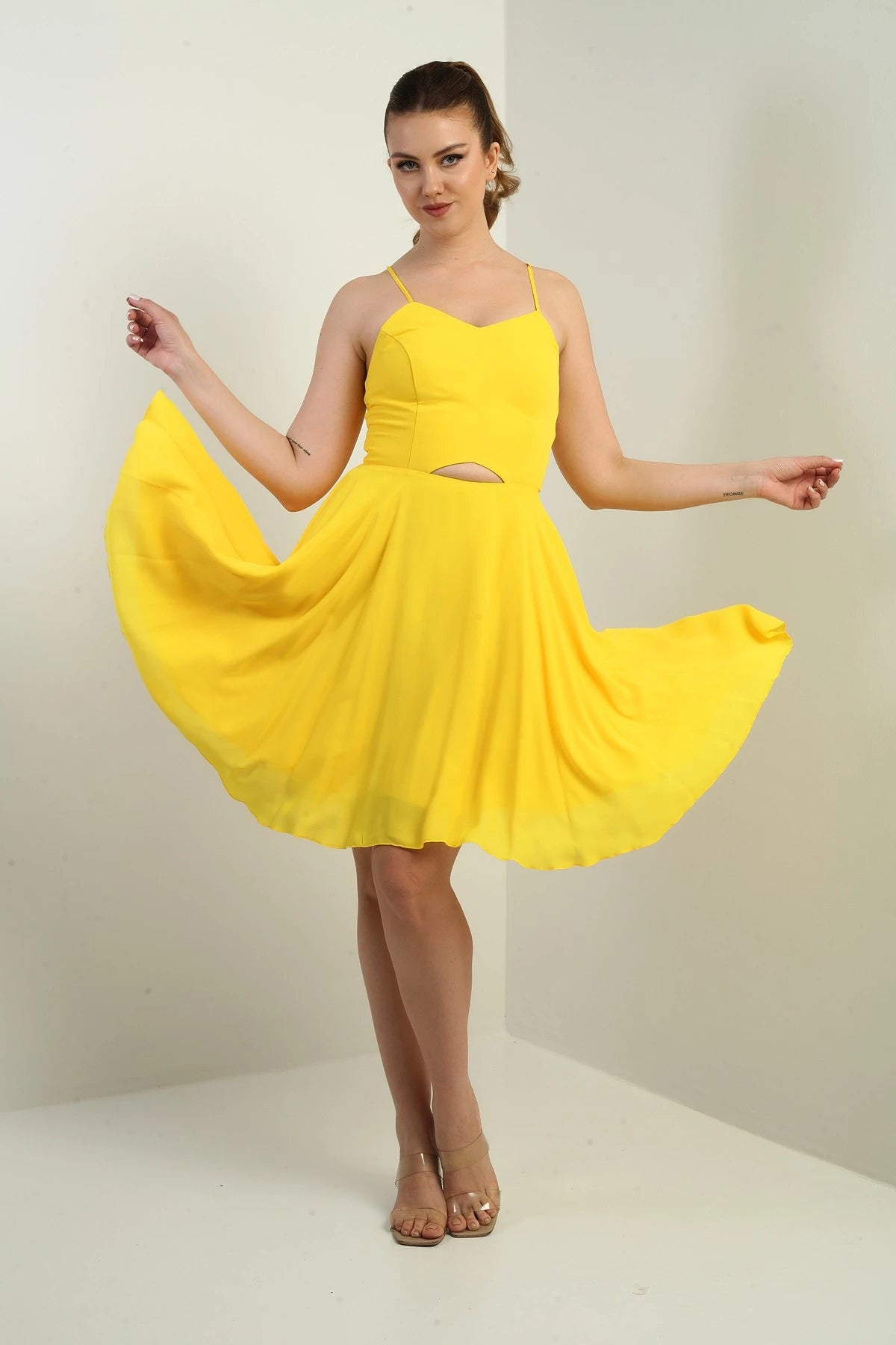 Image of Women's Strappy, Back-Tie, Front-Opening, Lined Chiffon Short Flared Dress