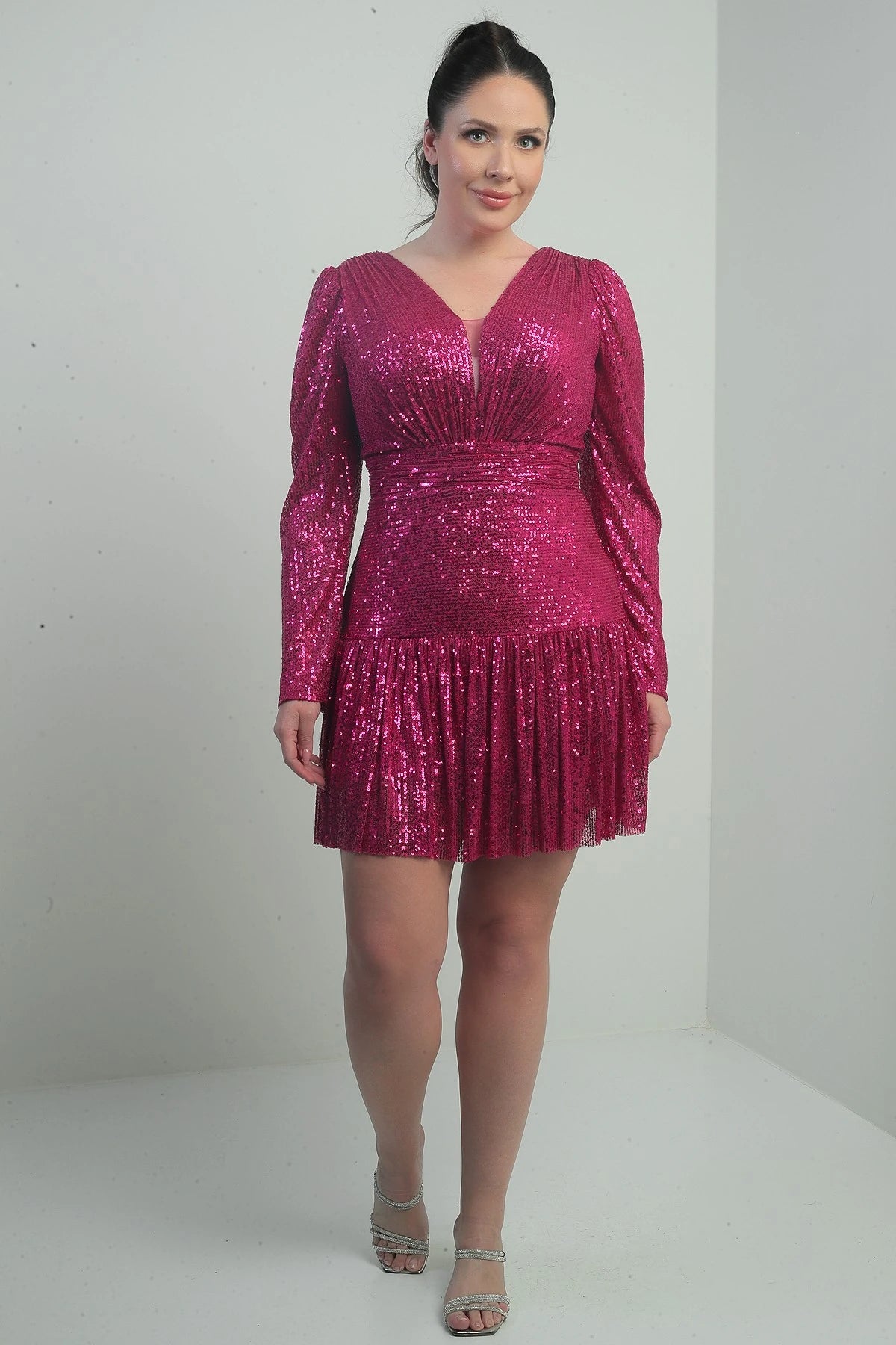 Image of Women's Front and Back V-Neck Lined Draped Long Sleeved Plus Size Sequin Dress